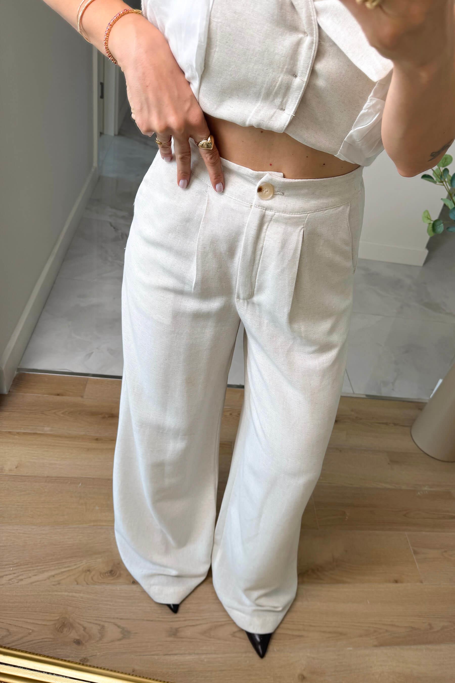 Taş Rengi Düğmeli Pantolon Bluz Keten Takım