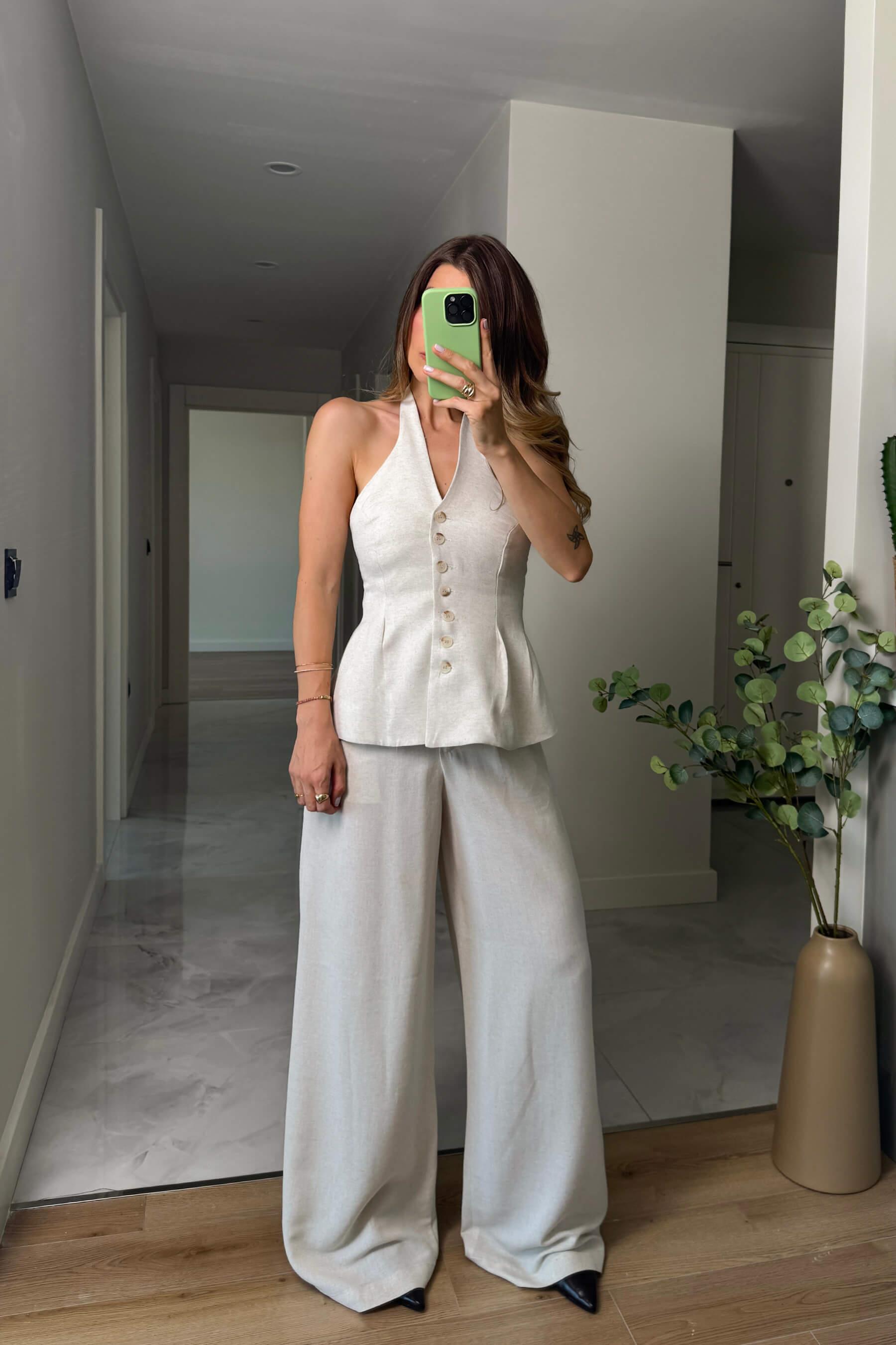 Taş Rengi Düğmeli Pantolon Bluz Keten Takım