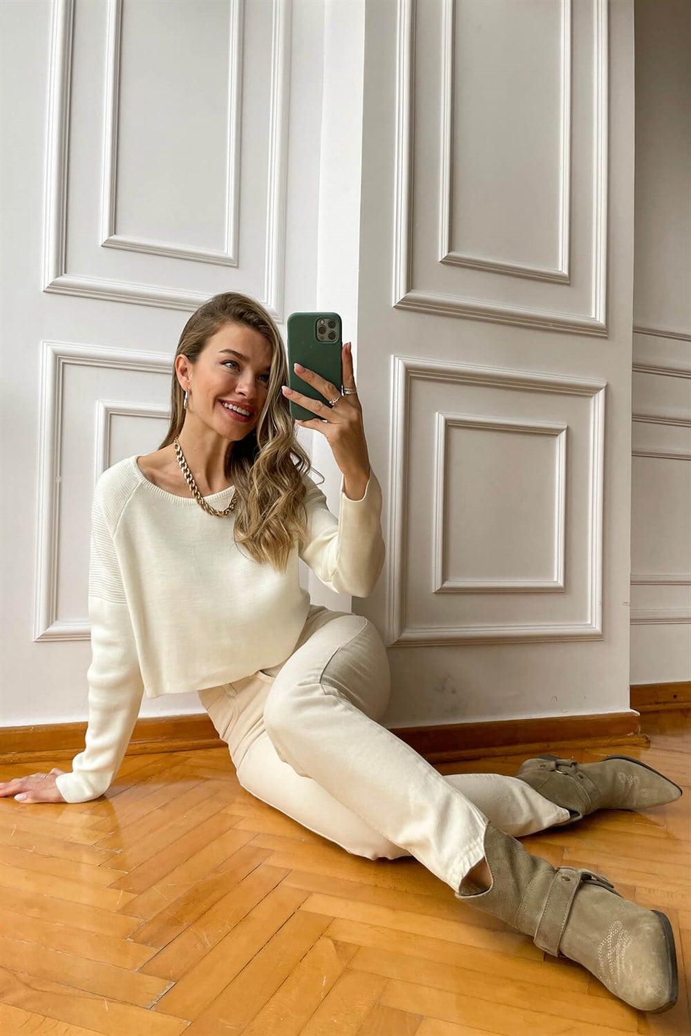 Taş Rengi Gabardin Yüksek Bel Mom Pantolon