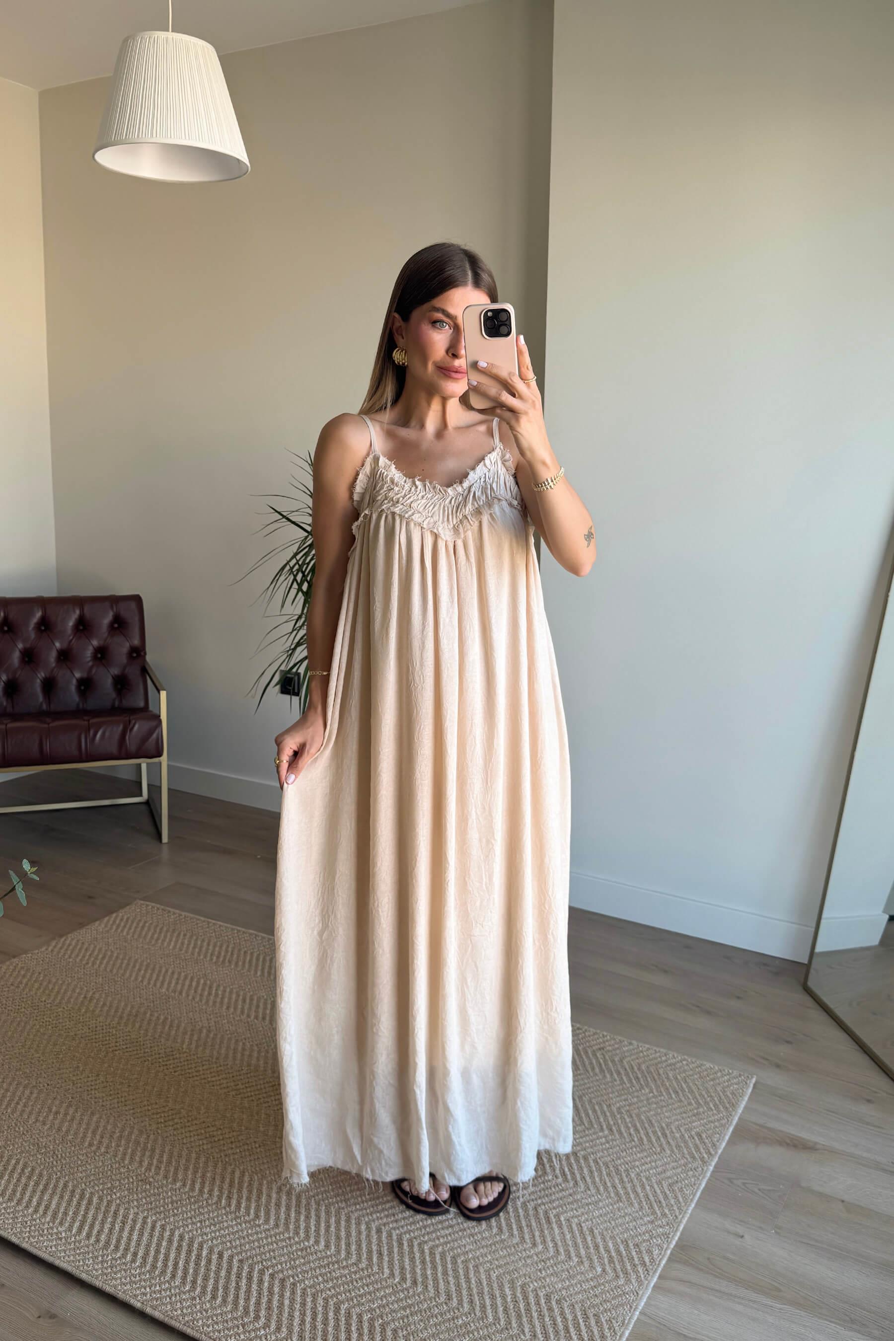 Taş Rengi İp Askılı Keten Dokulu Oversize Astarlı Elbise