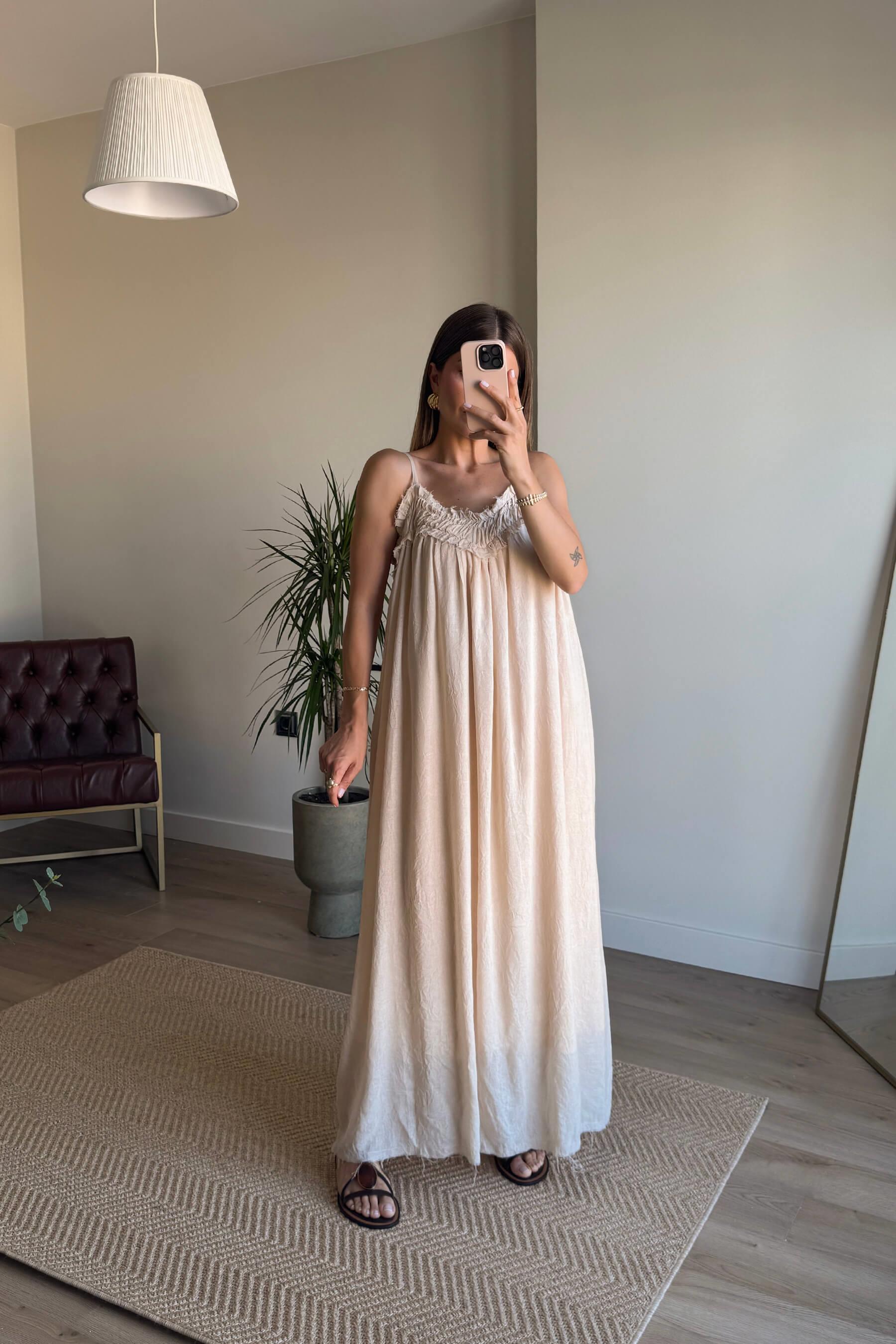 Taş Rengi İp Askılı Keten Dokulu Oversize Astarlı Elbise