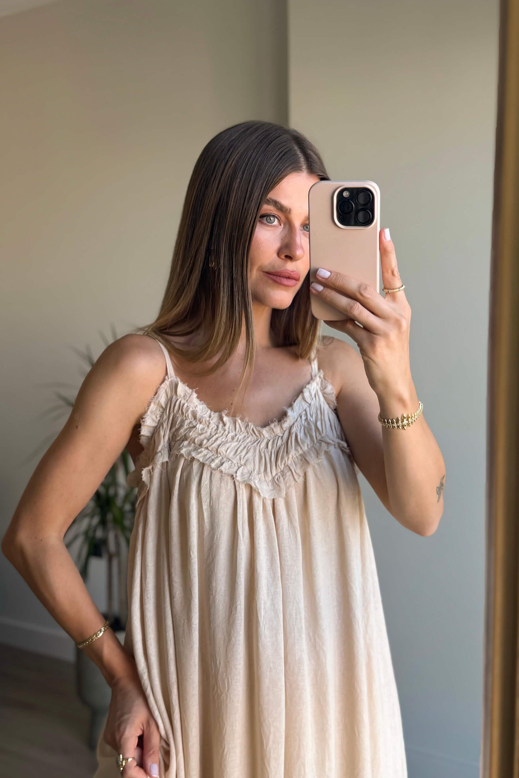 Taş Rengi İp Askılı Keten Dokulu Oversize Astarlı Elbise