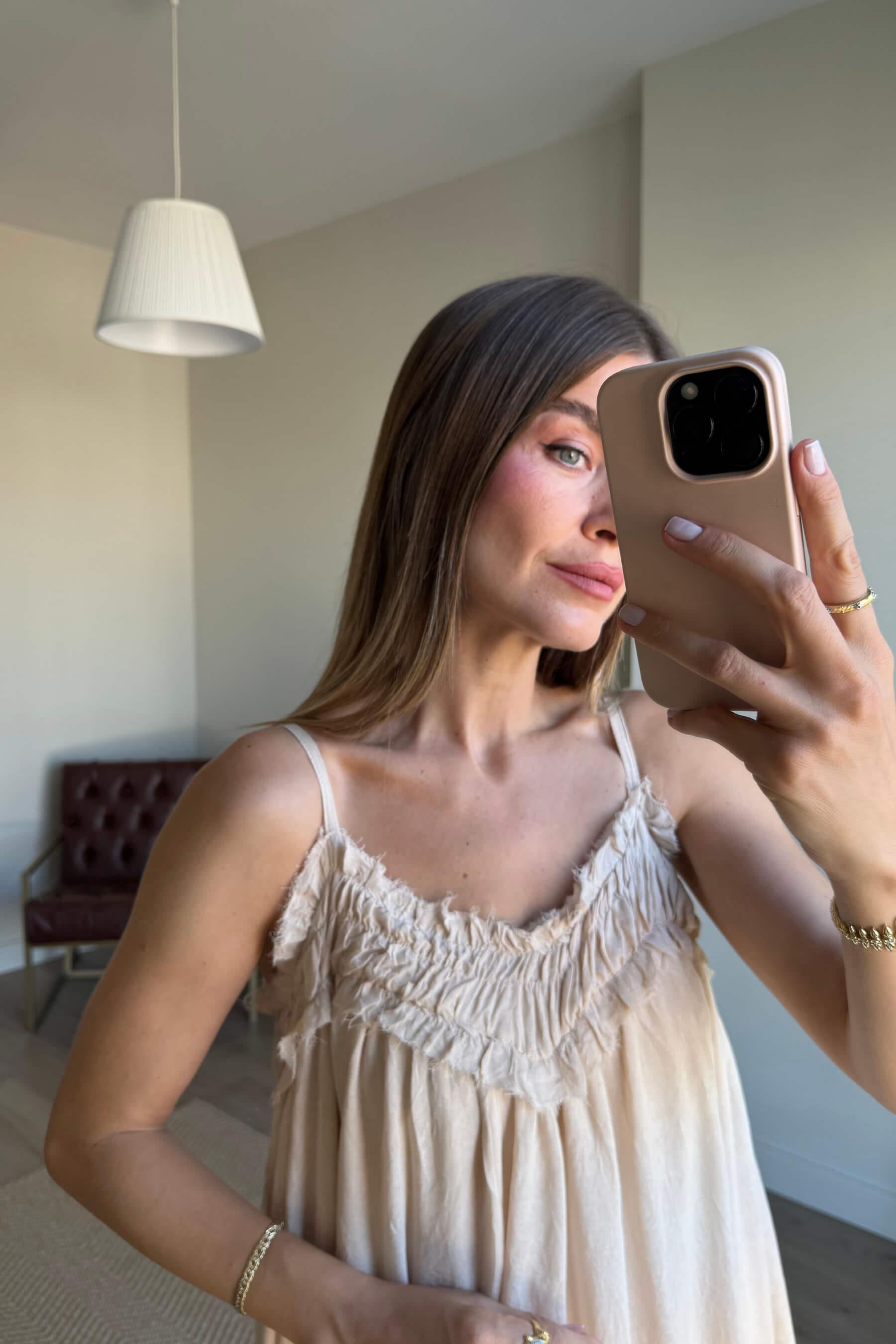 Taş Rengi İp Askılı Keten Dokulu Oversize Astarlı Elbise