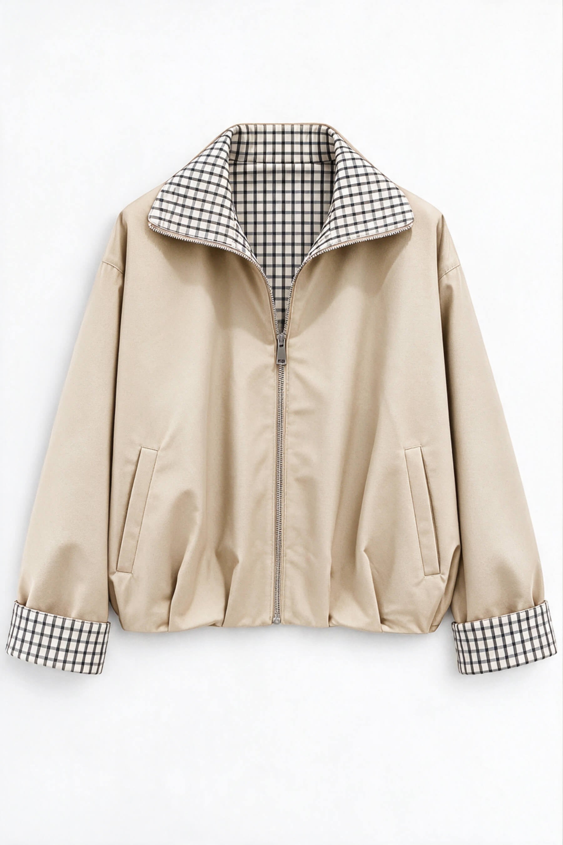 Taş Rengi Kahve Ekoseli Oversize Bomber Trençkot