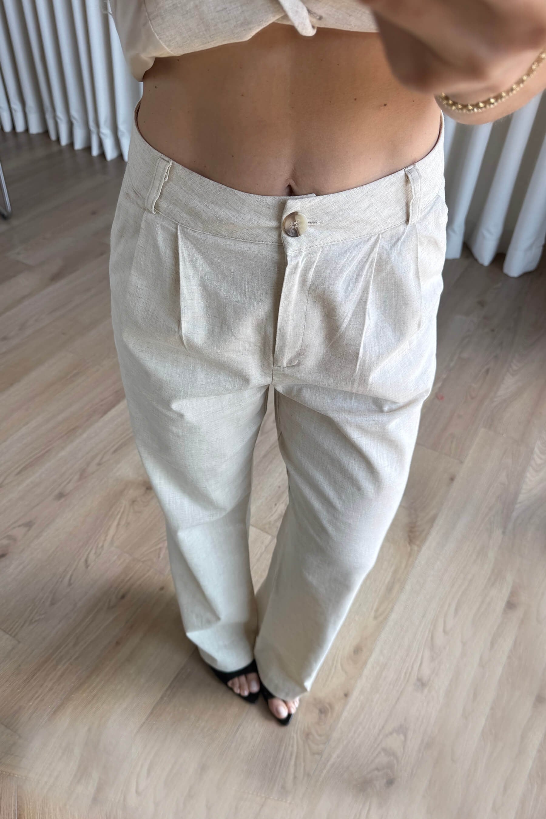 Taş Rengi Kahverengi Düğmeli Keten Yelek Pantolon Takım