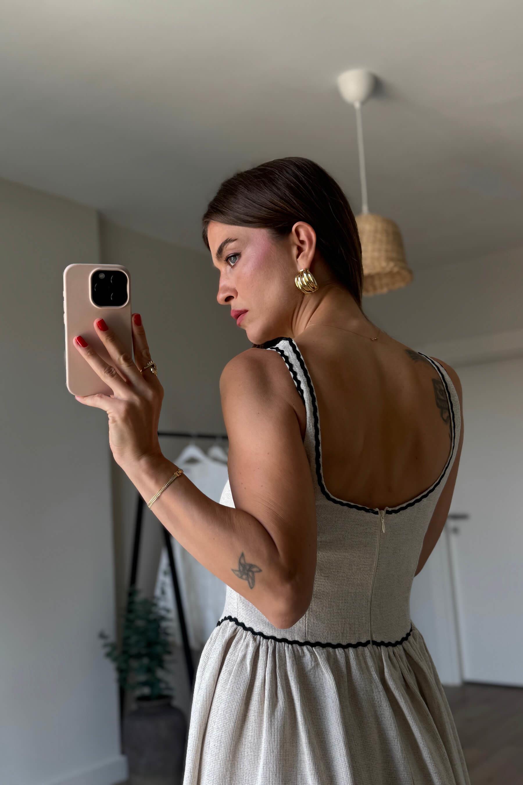 Taş Rengi Kalın Askılı Dantel Detaylı Ajurlu Keten Elbise