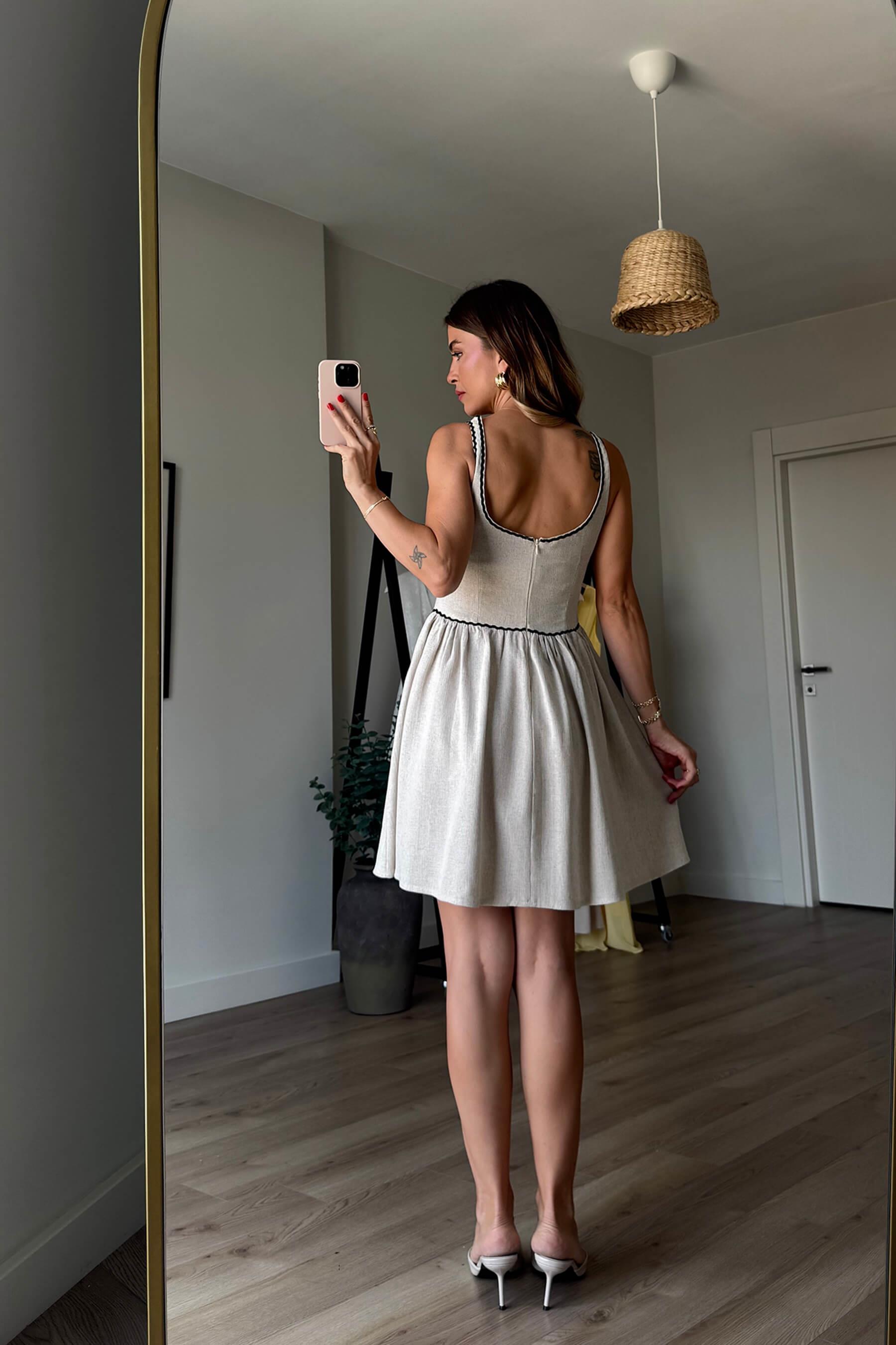 Taş Rengi Kalın Askılı Dantel Detaylı Ajurlu Keten Elbise