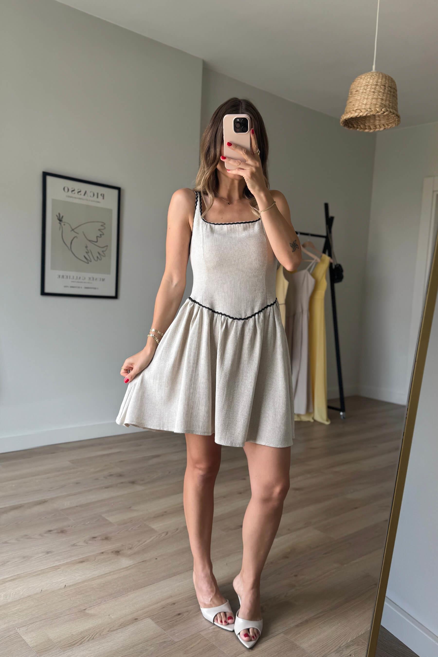 Taş Rengi Kalın Askılı Dantel Detaylı Ajurlu Keten Elbise