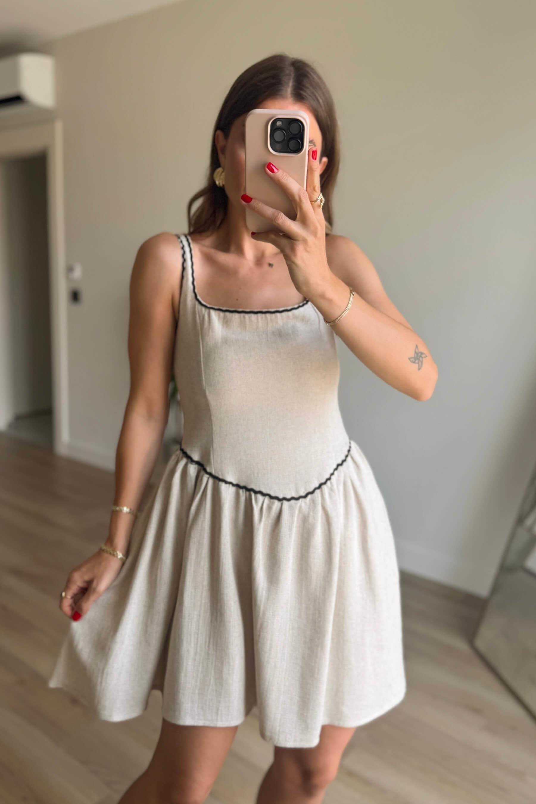 Taş Rengi Kalın Askılı Dantel Detaylı Ajurlu Keten Elbise