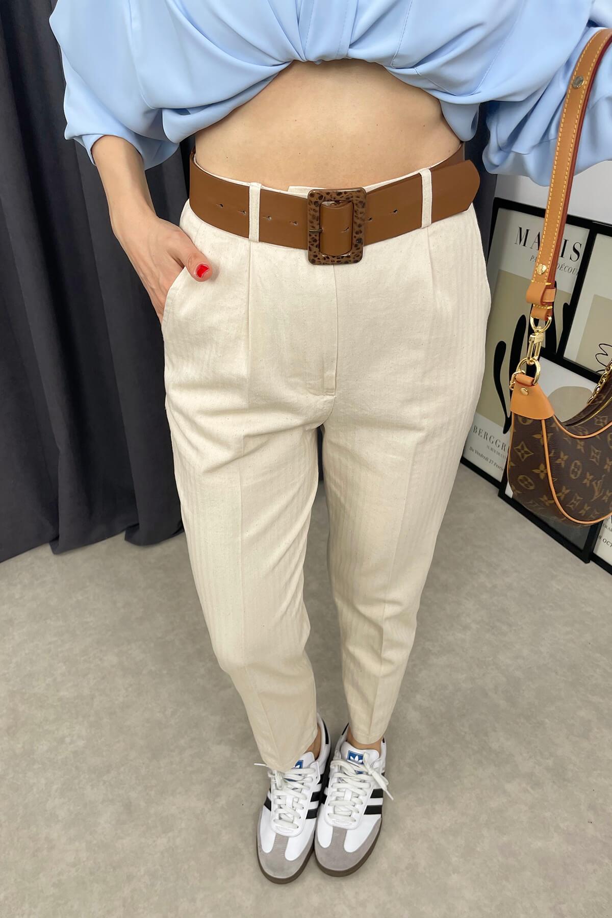 Taş Rengi Kemerli Gabardin Skinny Pantolon