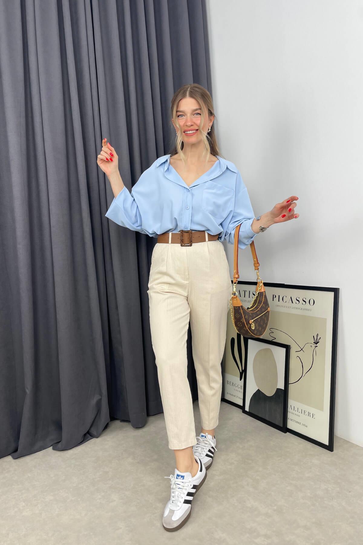 Taş Rengi Kemerli Gabardin Skinny Pantolon
