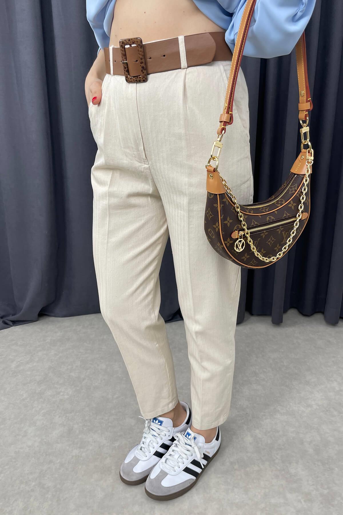 Taş Rengi Kemerli Gabardin Skinny Pantolon