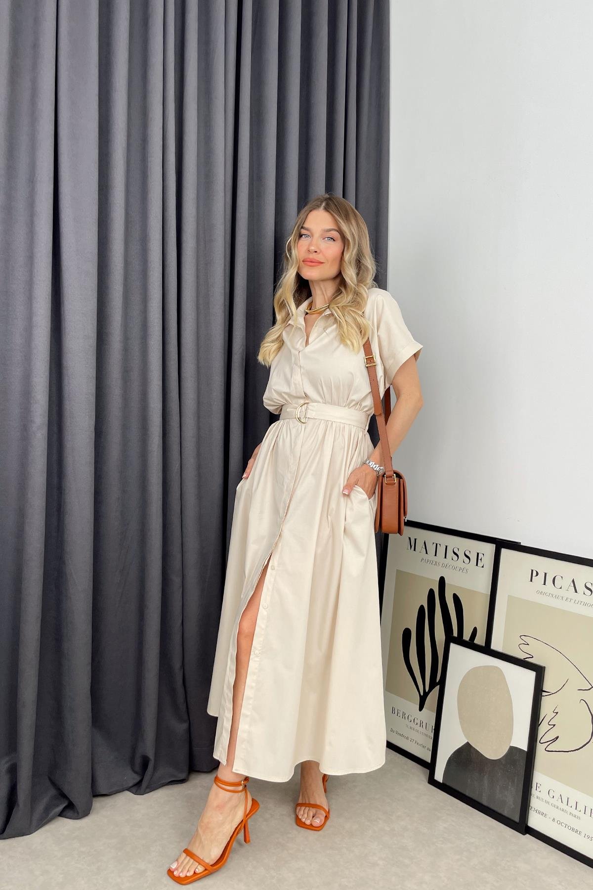 Taş Rengi Kemerli Gömlek Elbise