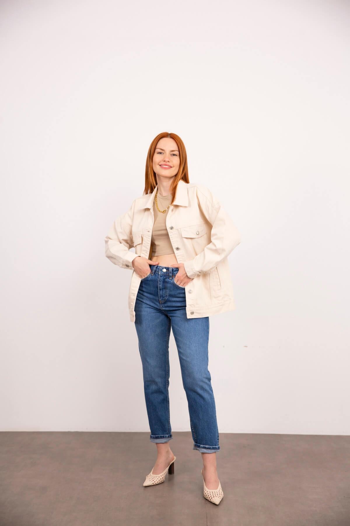 Taş Rengi Oversize Kot Ceket
