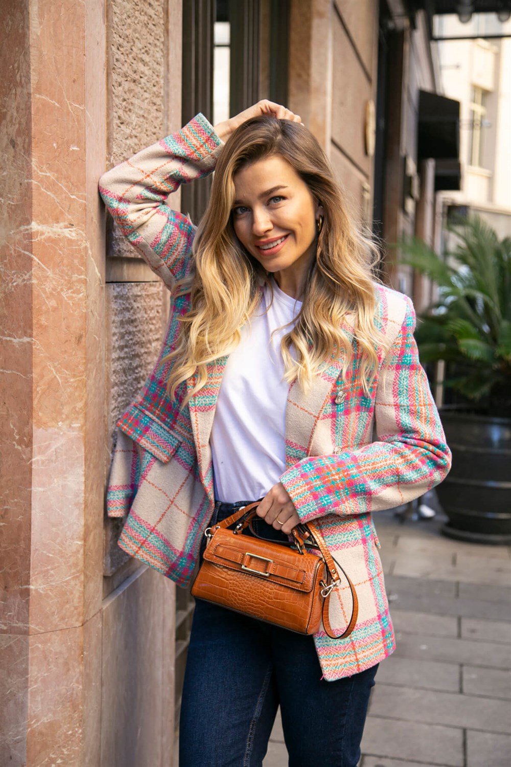 Taş Rengi Pembe Mavi Ekoseli Astarlı Blazer Ceket