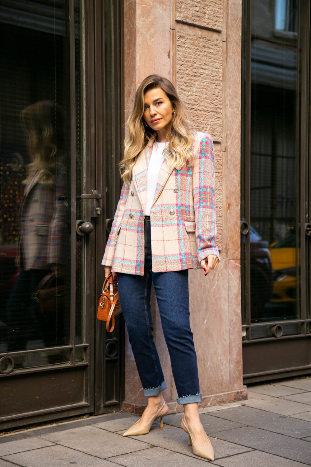 Taş Rengi Pembe Mavi Ekoseli Astarlı Blazer Ceket