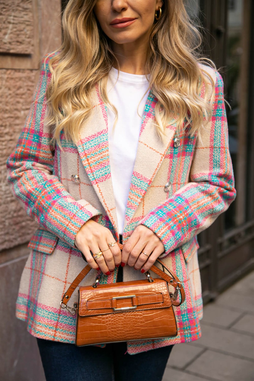 Taş Rengi Pembe Mavi Ekoseli Astarlı Blazer Ceket