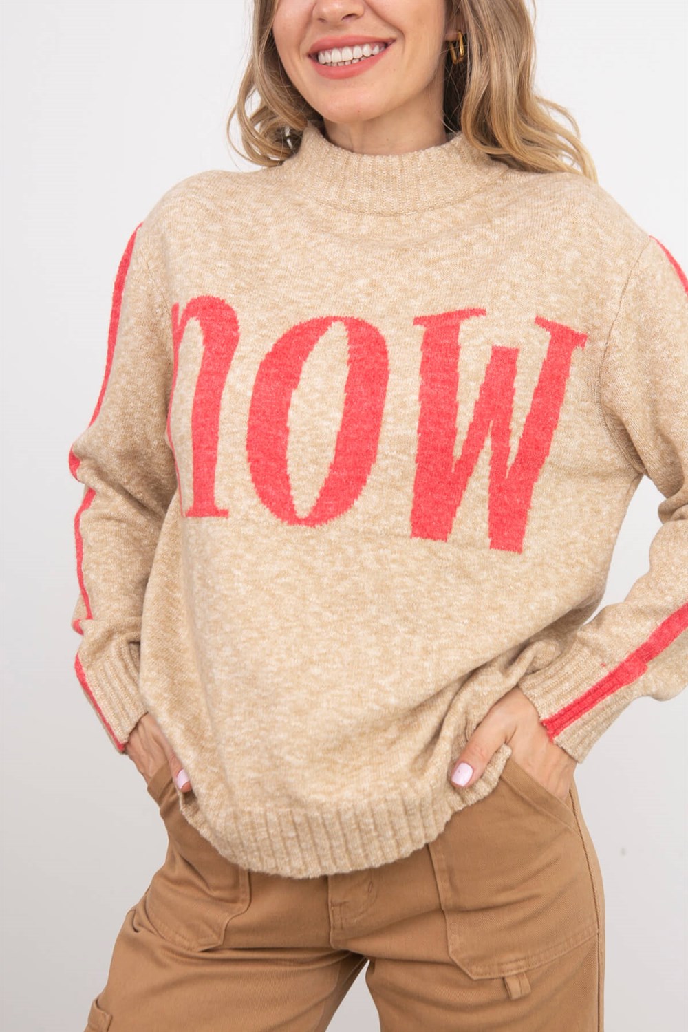 Taş Rengi Pembe Now Yazılı Triko Kazak