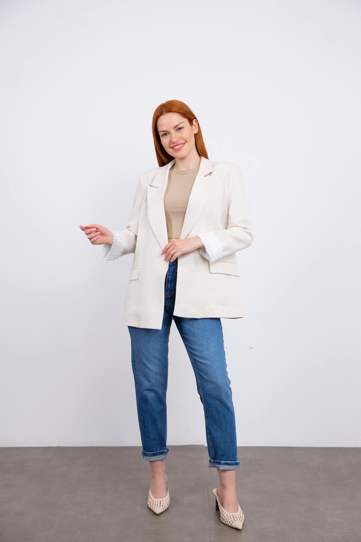 Taş Rengi Vatkalı Keten Blazer Ceket
