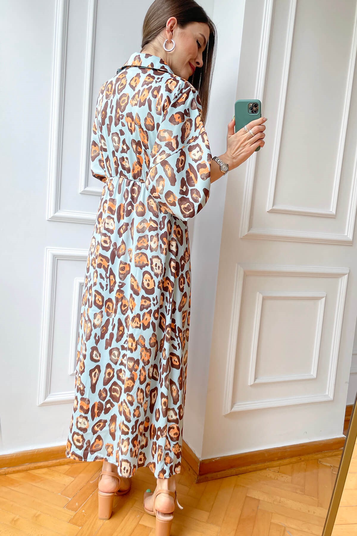 Toz Mavi Leopar Saten Elbise