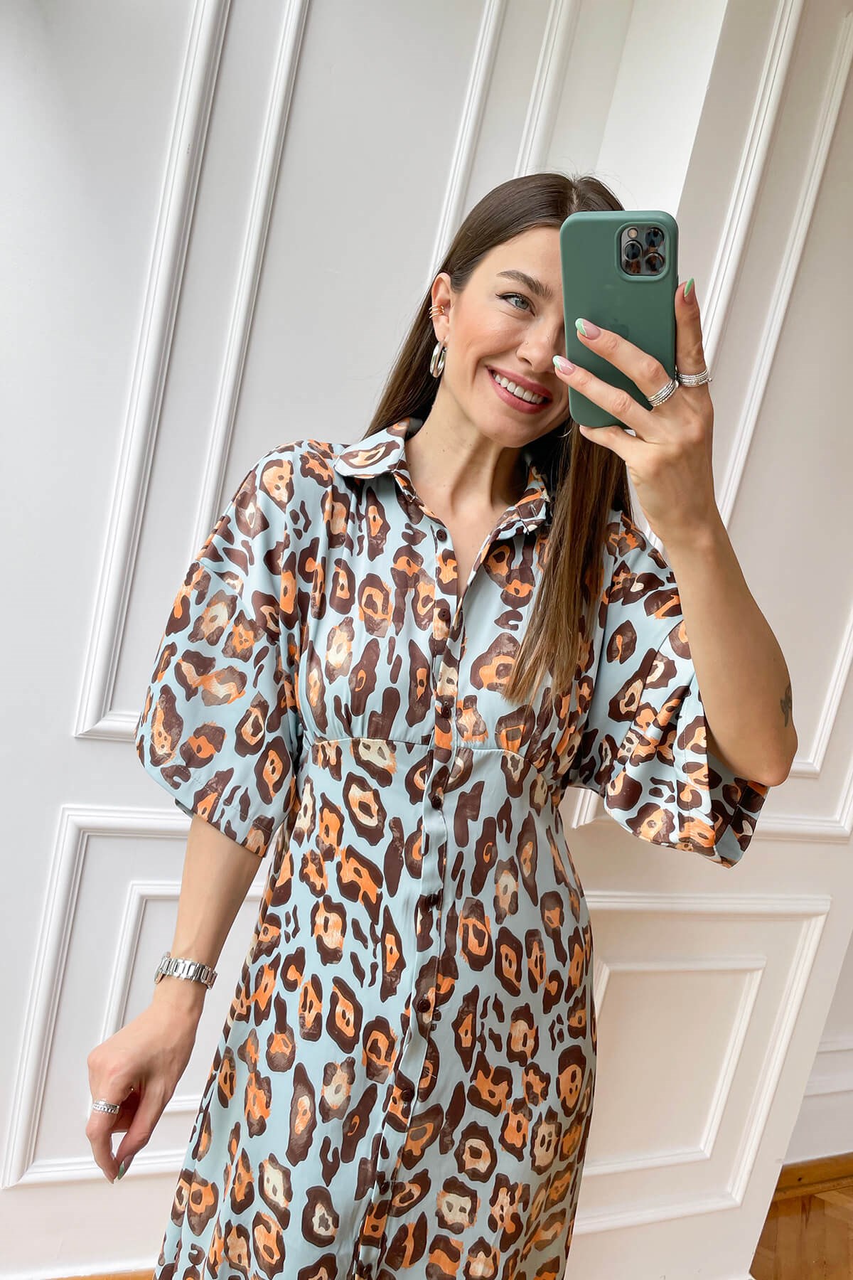 Toz Mavi Leopar Saten Elbise