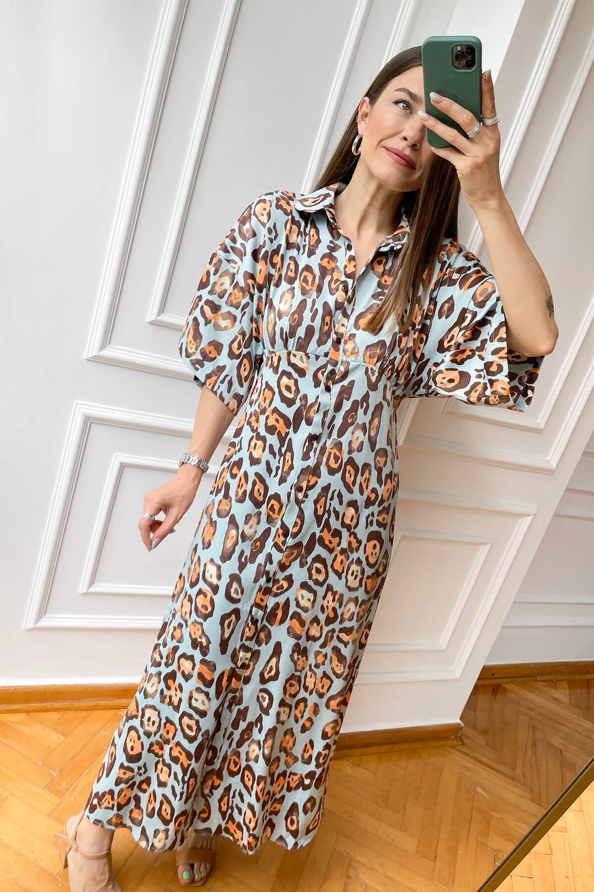 Toz Mavi Leopar Saten Elbise