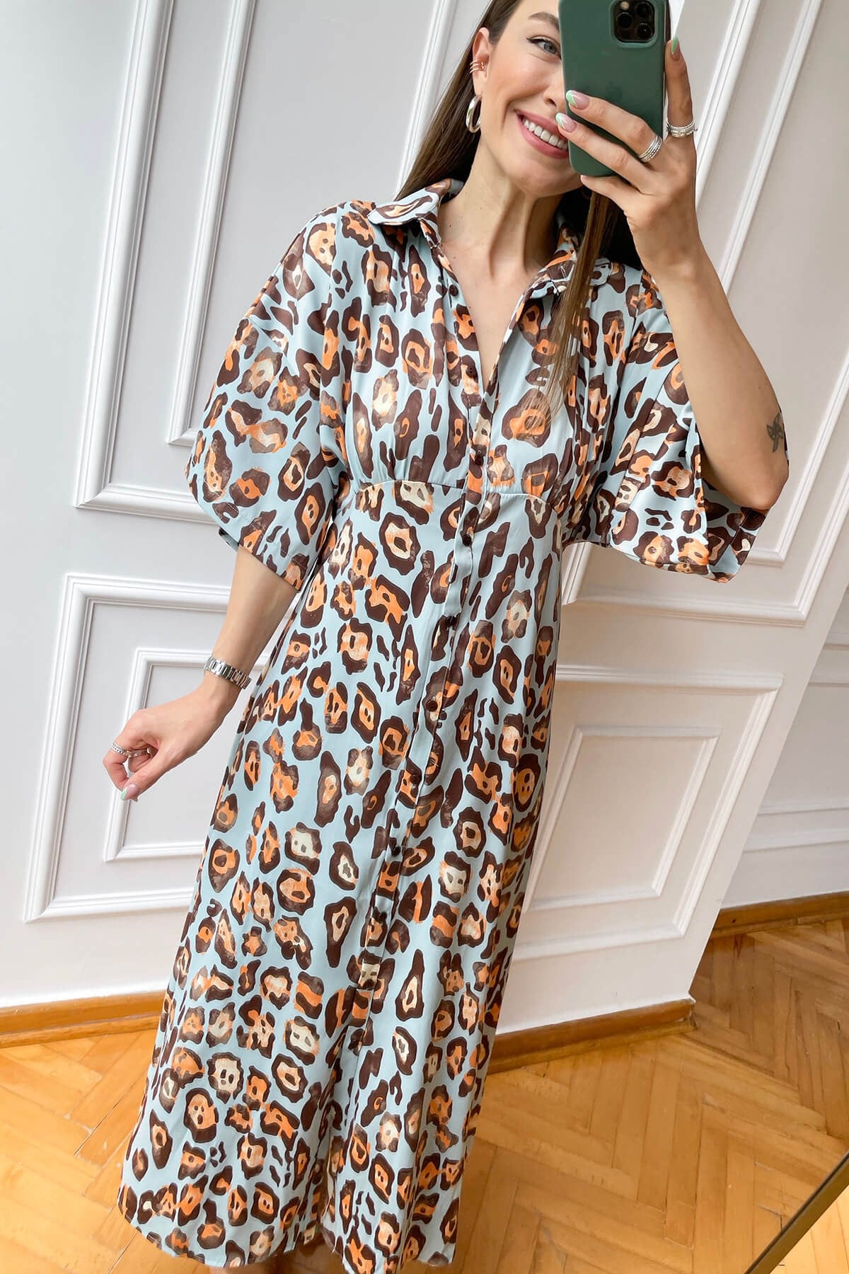 Toz Mavi Leopar Saten Elbise