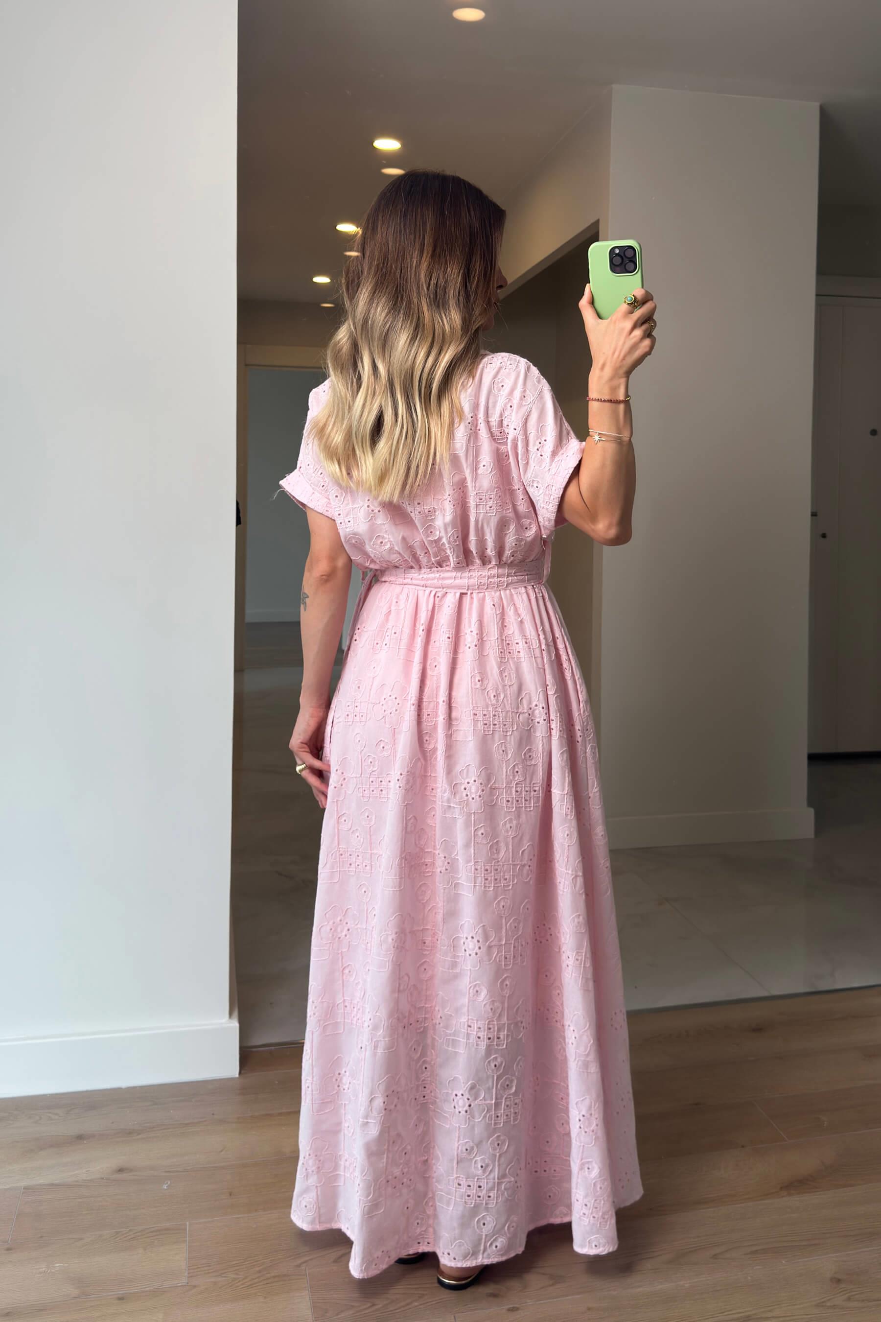 Toz Pembe Astarlı Kemerli Fisto Gömlek Elbise