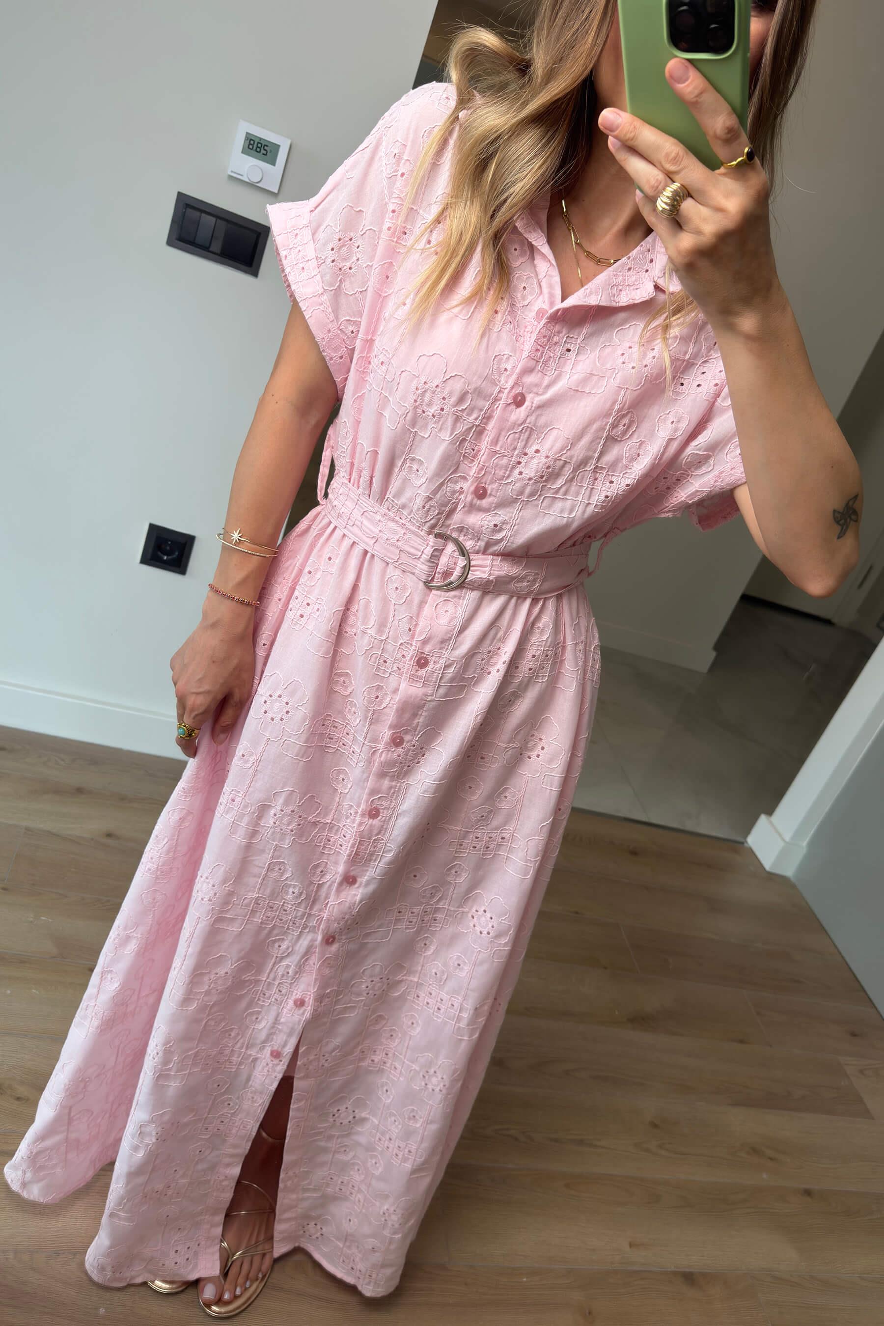 Toz Pembe Astarlı Kemerli Fisto Gömlek Elbise