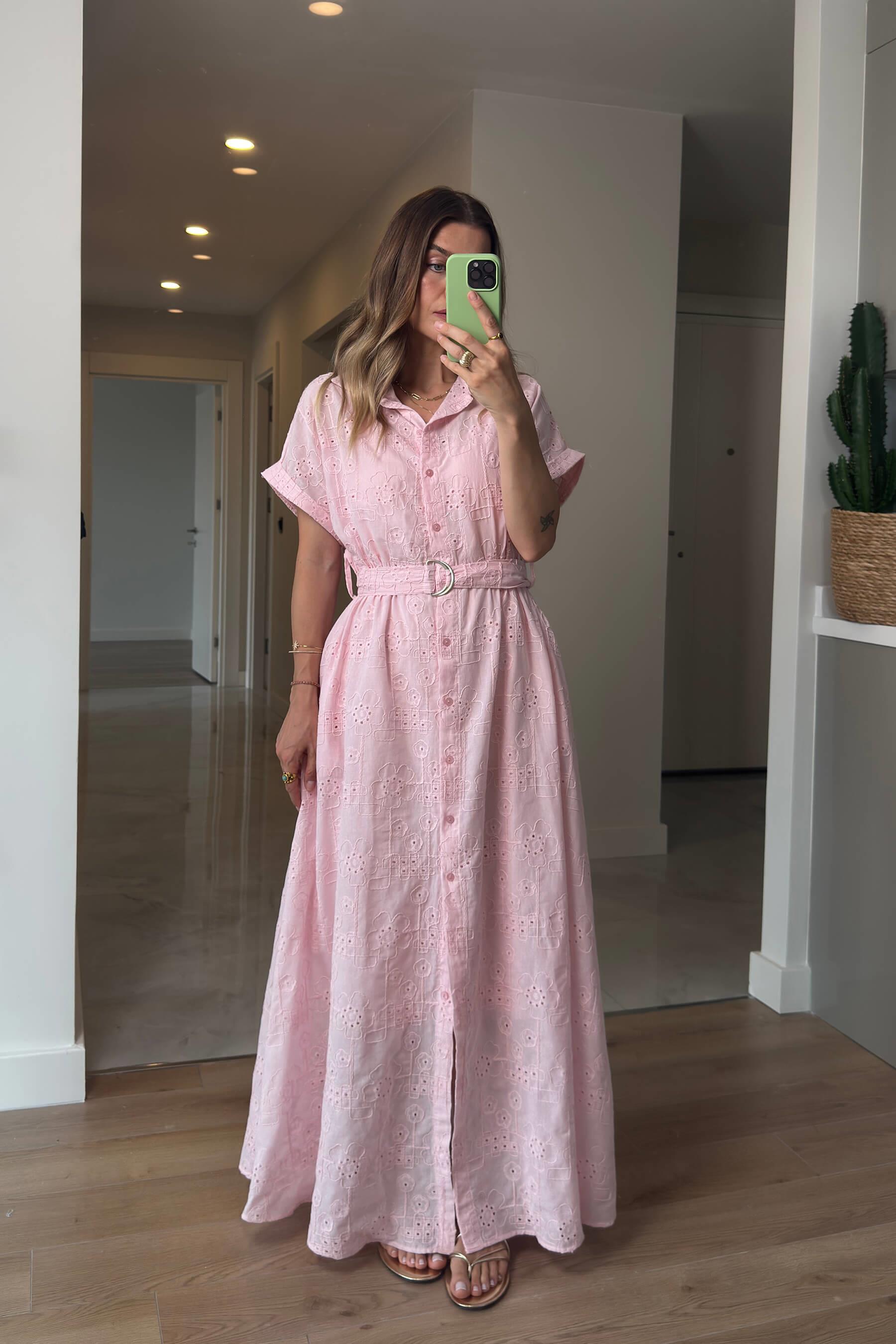 Toz Pembe Astarlı Kemerli Fisto Gömlek Elbise