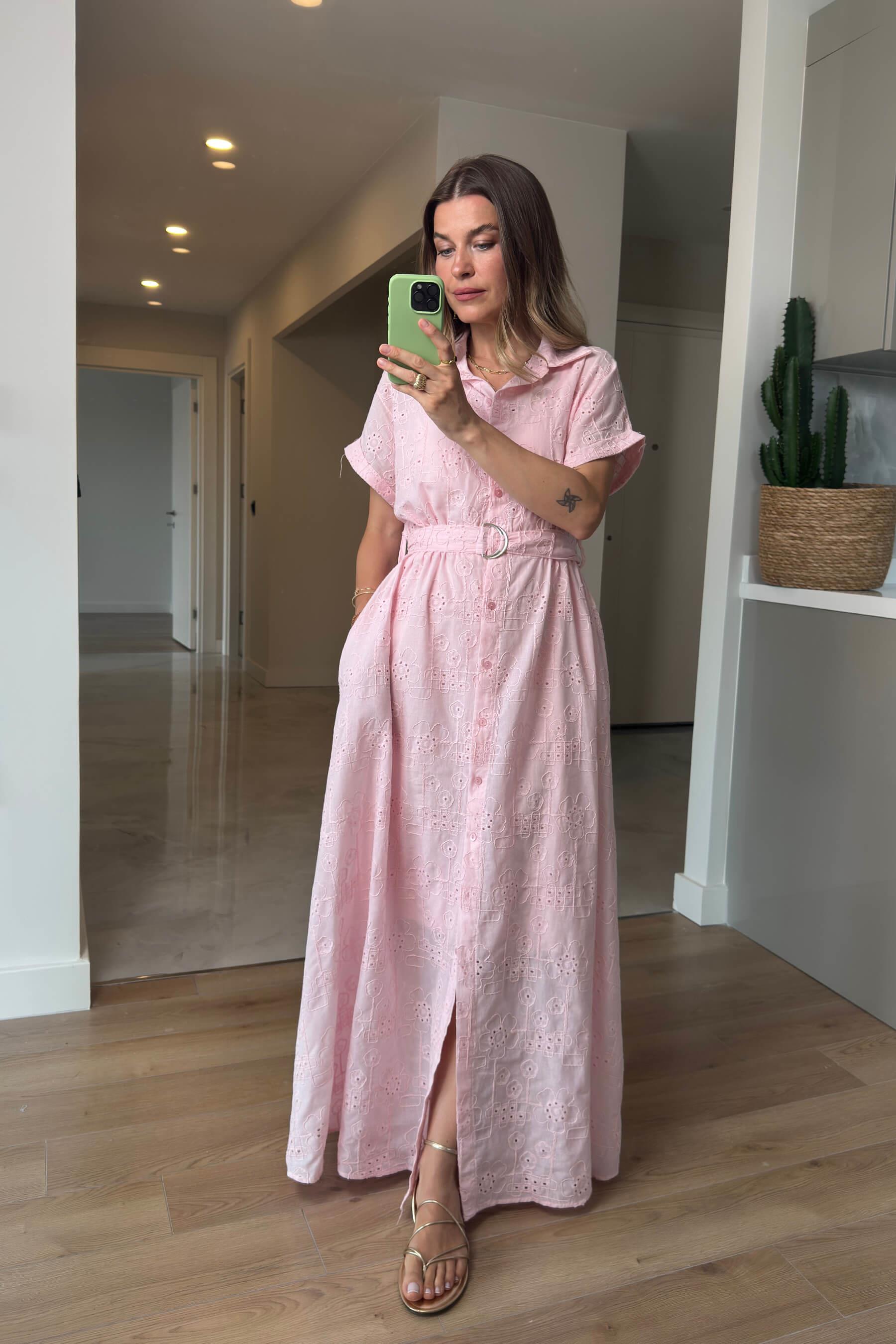 Toz Pembe Astarlı Kemerli Fisto Gömlek Elbise