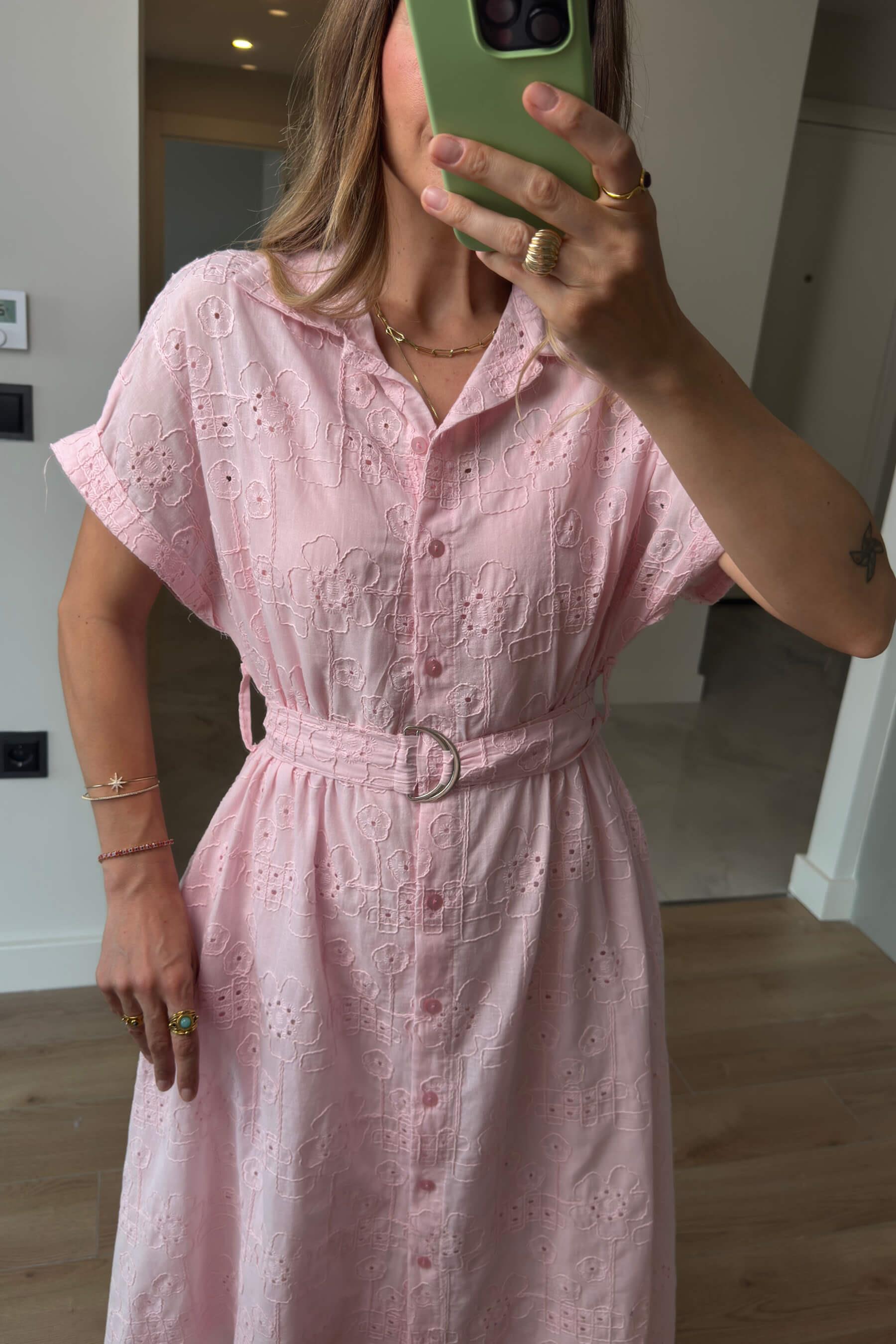 Toz Pembe Astarlı Kemerli Fisto Gömlek Elbise