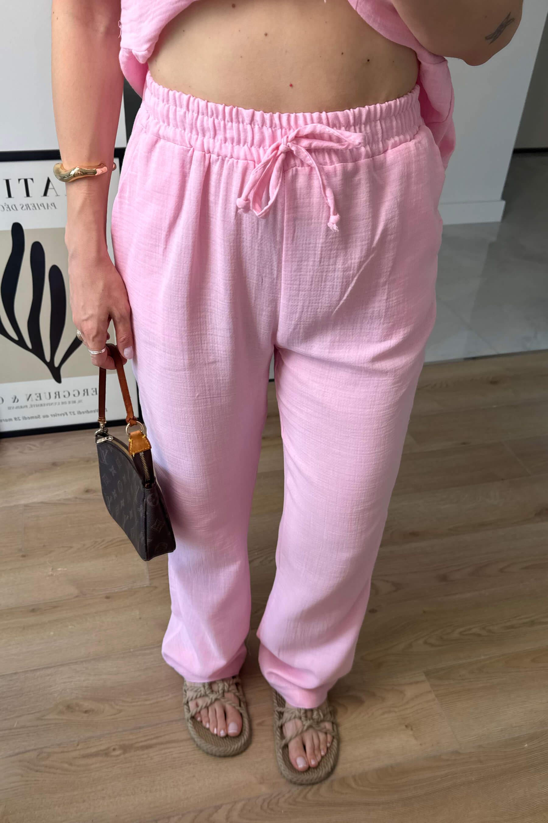 Toz Pembe Bağcıklı Bluz Bol Paça Müslin Pantolon Takım