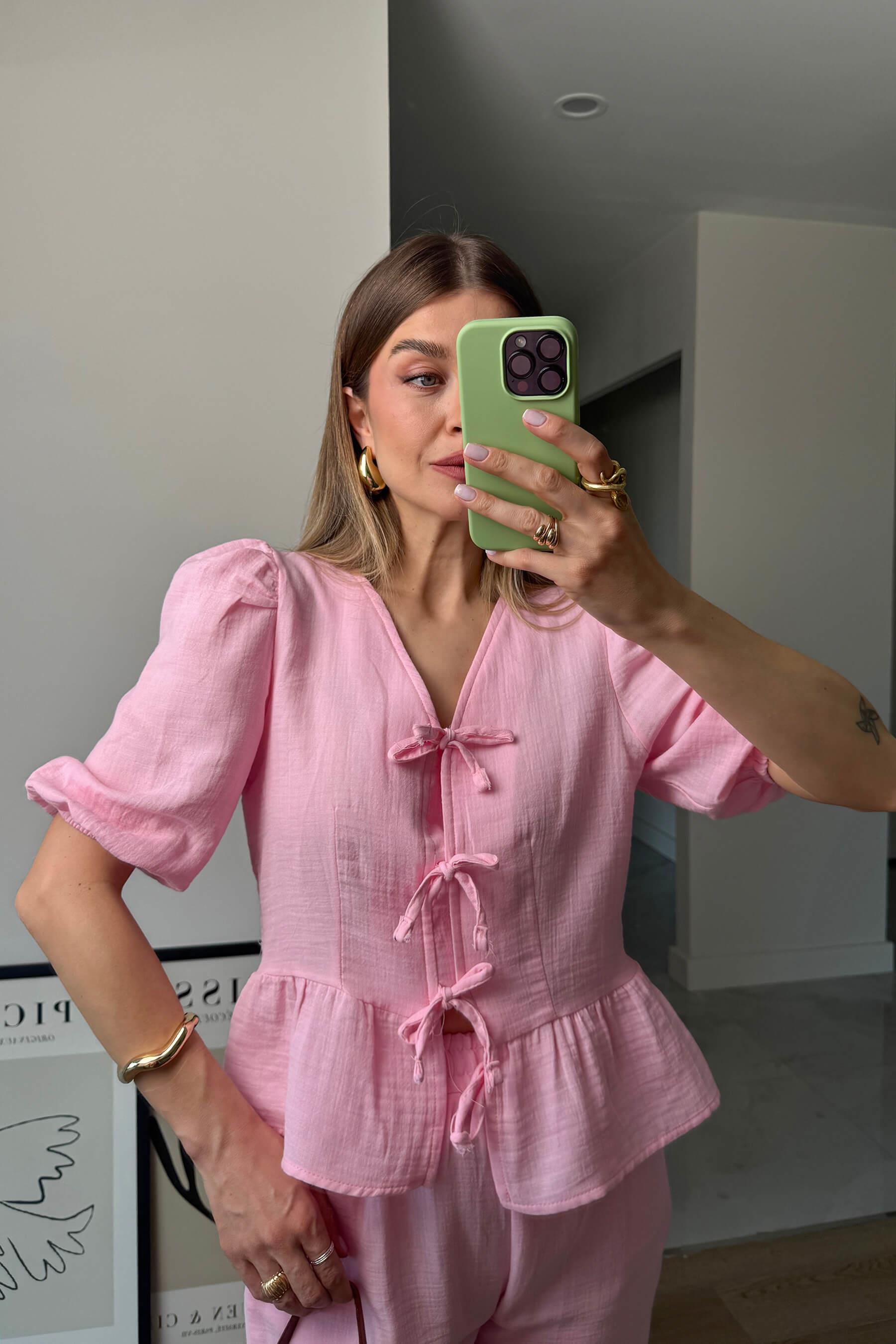 Toz Pembe Bağcıklı Bluz Bol Paça Müslin Pantolon Takım