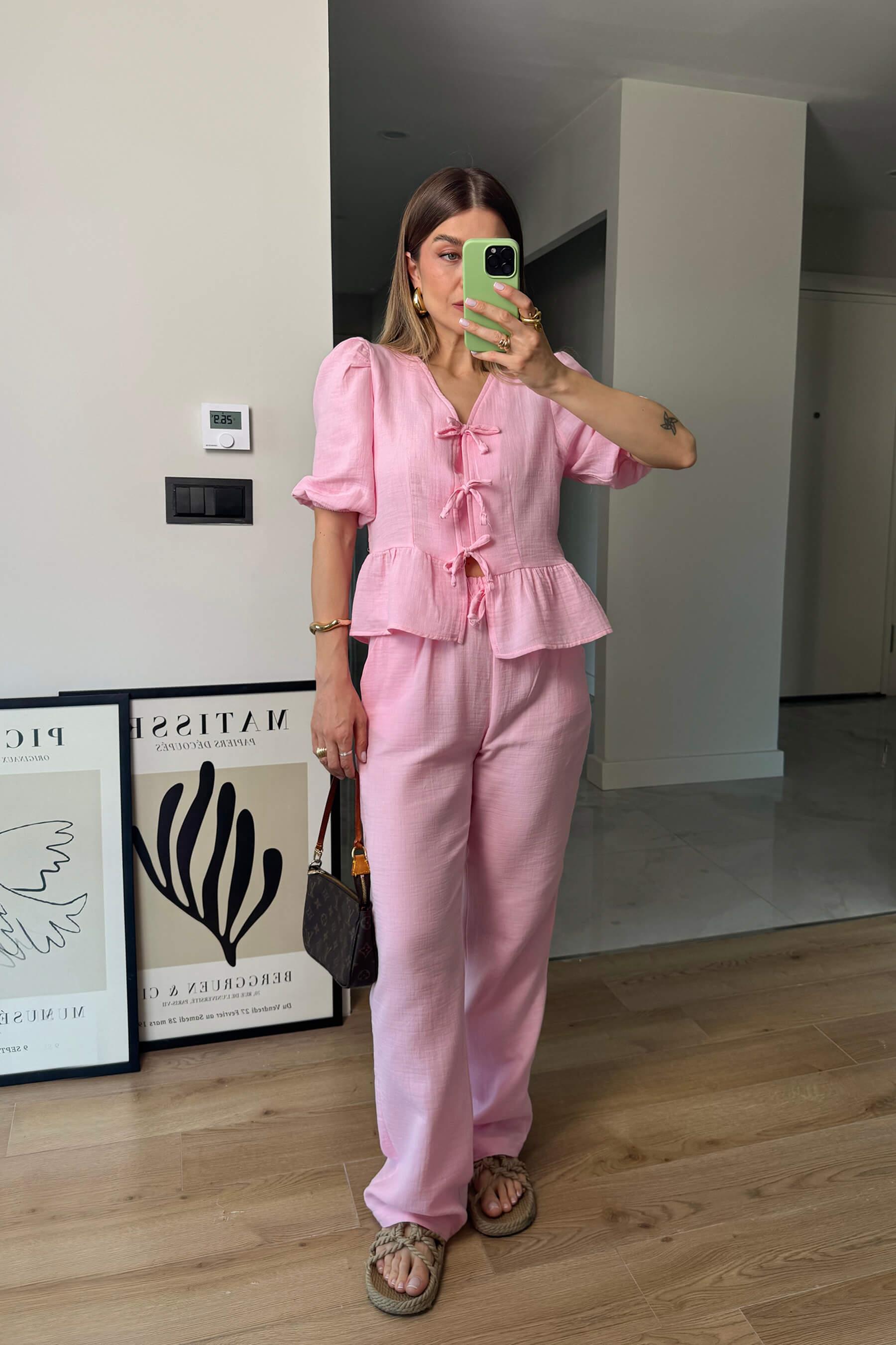 Toz Pembe Bağcıklı Bluz Bol Paça Müslin Pantolon Takım