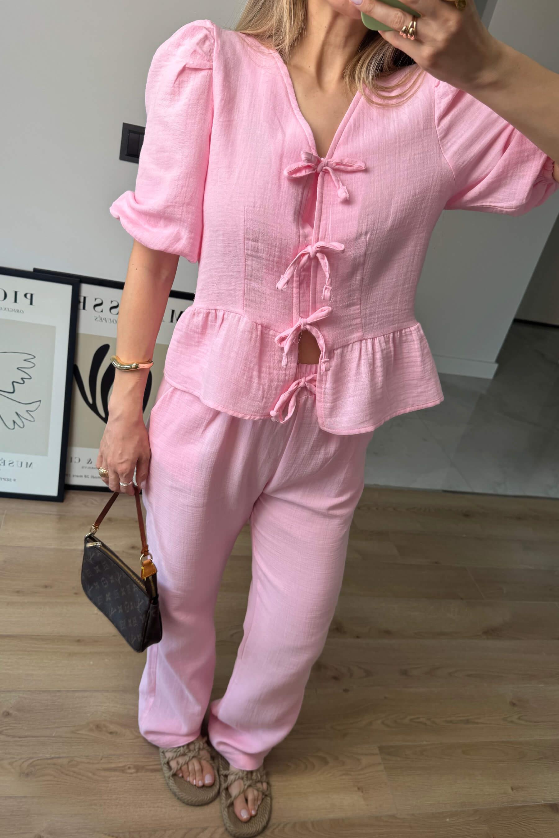 Toz Pembe Bağcıklı Bluz Bol Paça Müslin Pantolon Takım