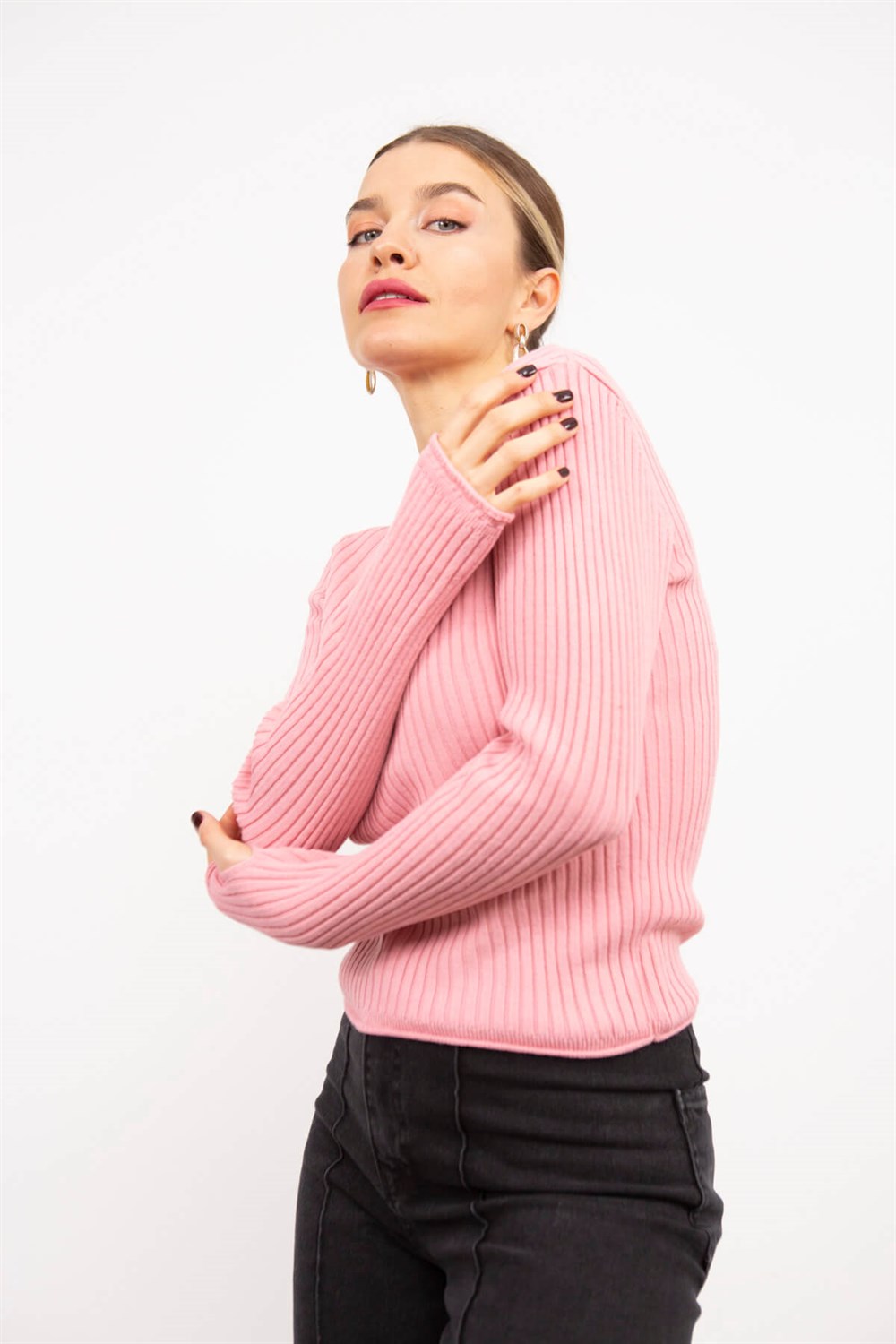 Toz Pembe Balıkçı Yaka Kazak