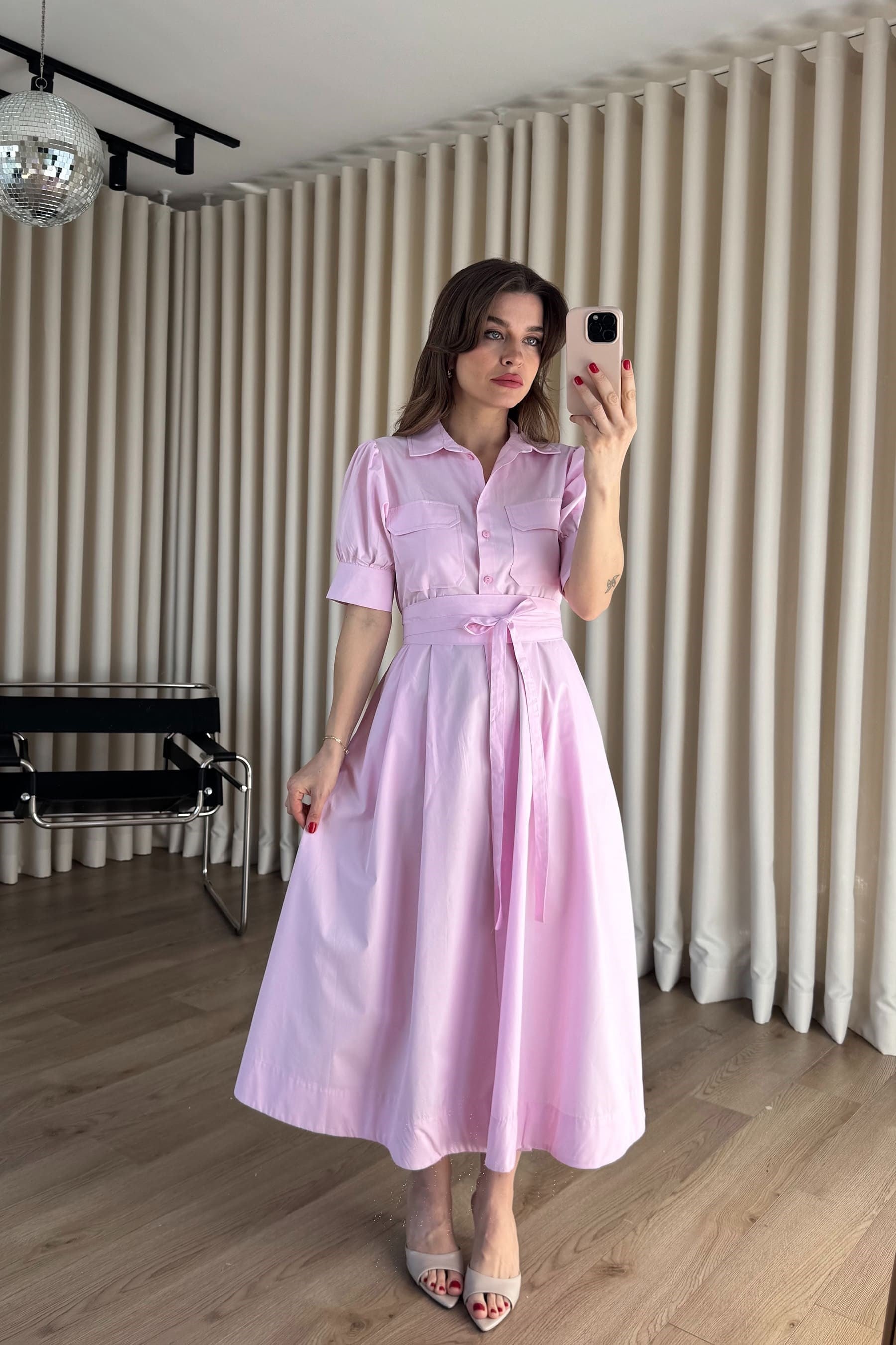 Toz Pembe Balon Kol Korse Detaylı Gömlek Elbise