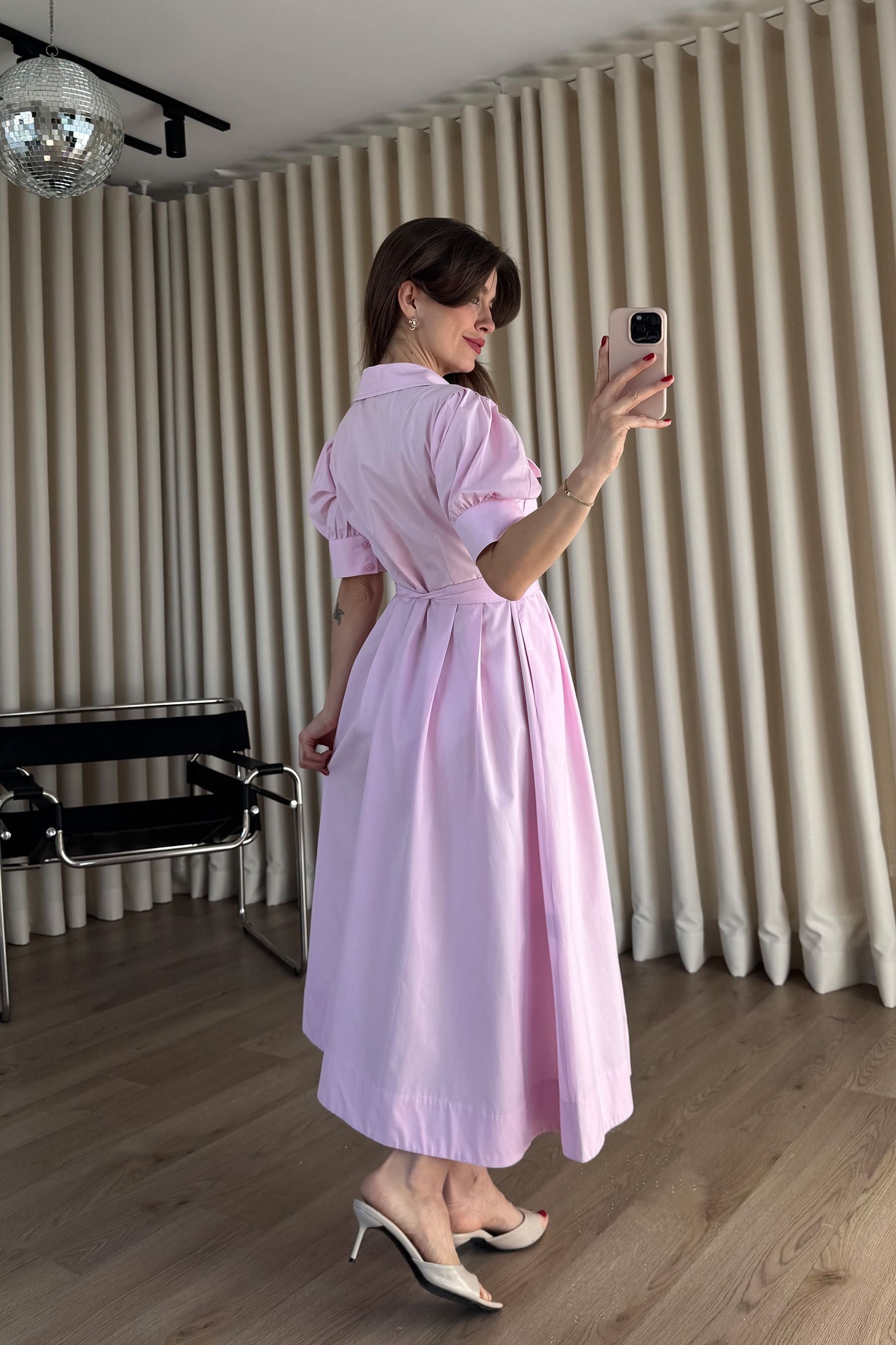 Toz Pembe Balon Kol Korse Detaylı Gömlek Elbise