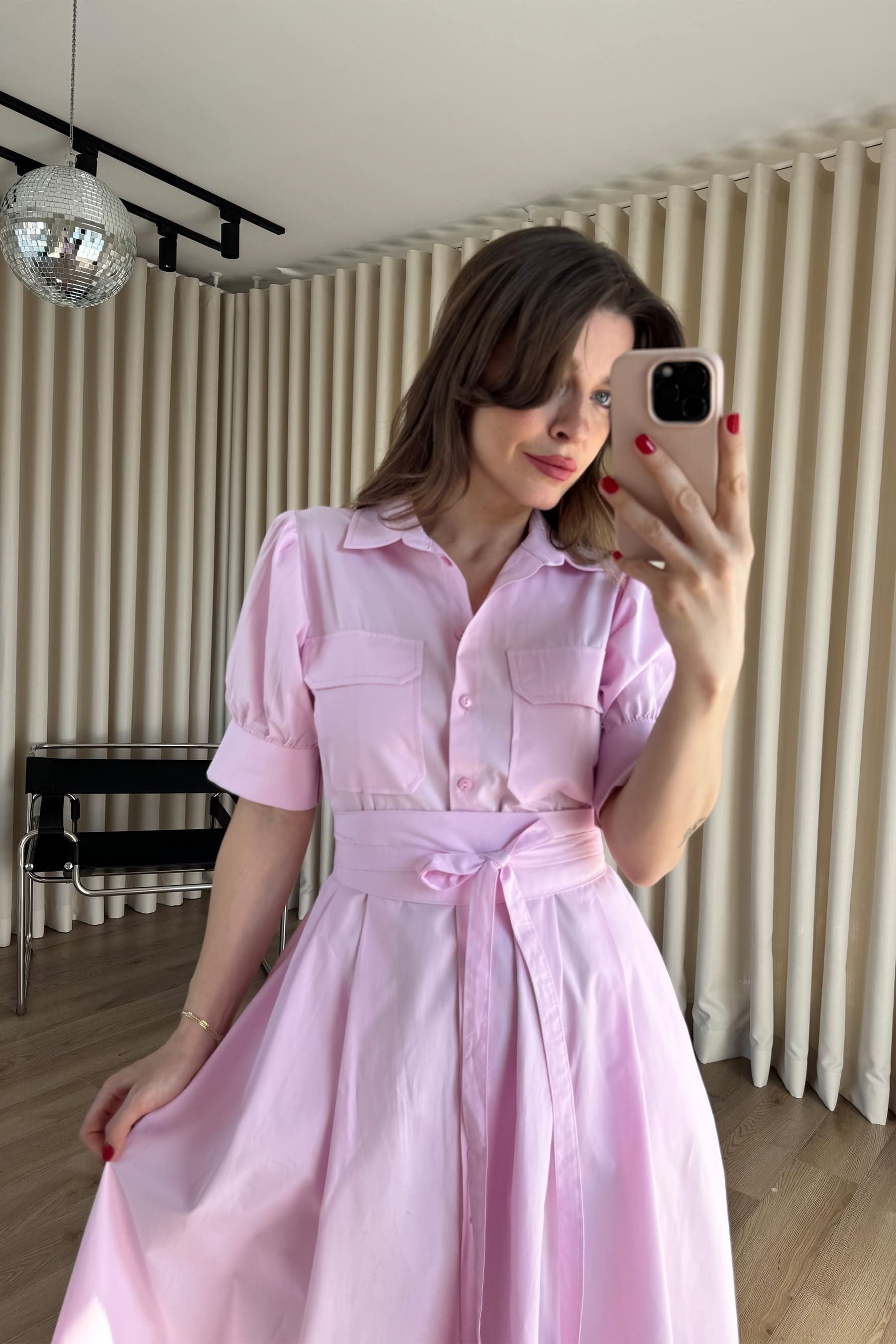 Toz Pembe Balon Kol Korse Detaylı Gömlek Elbise