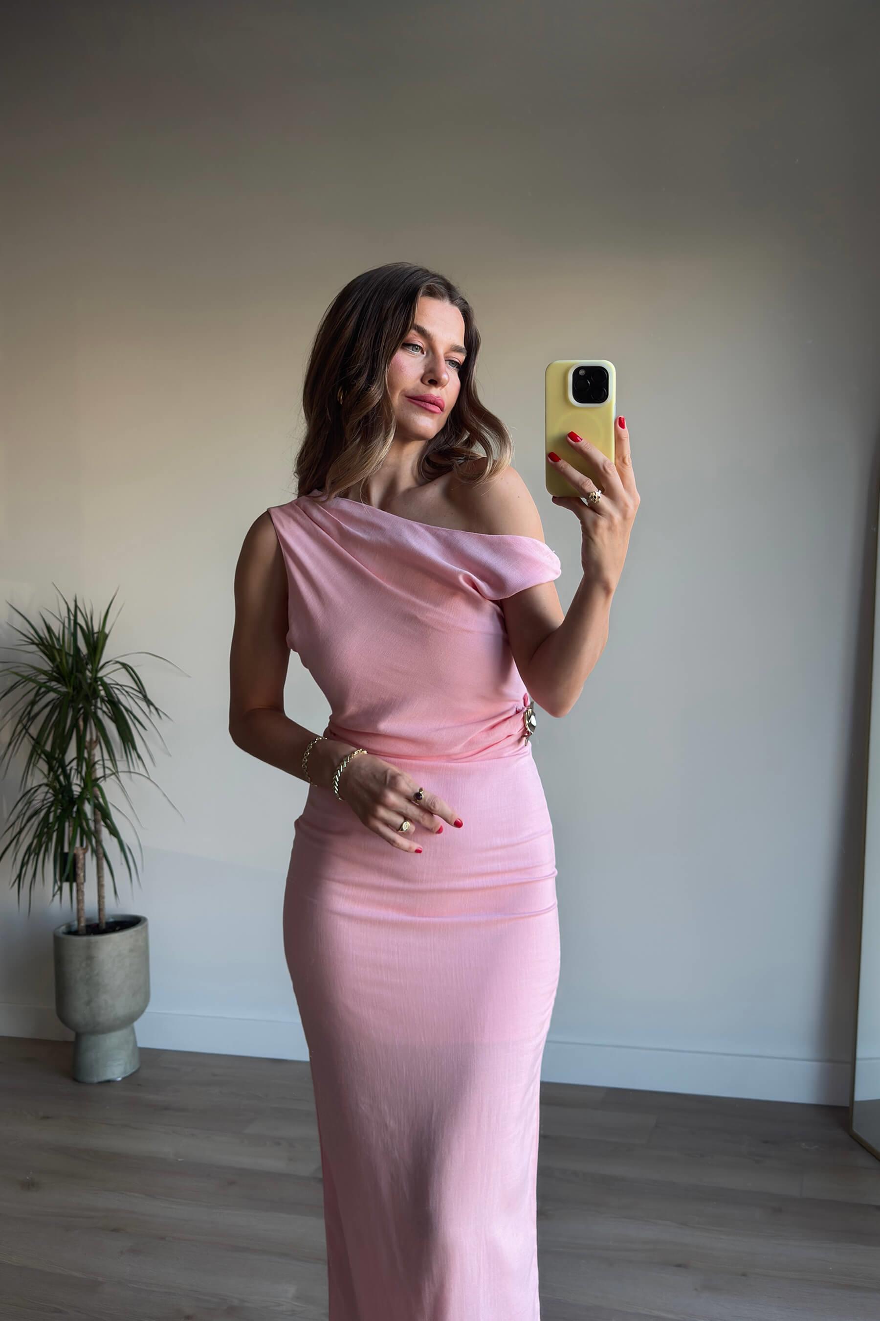 Toz Pembe Beli Tokalı Astarlı Yırtmaçlı Keten Elbise