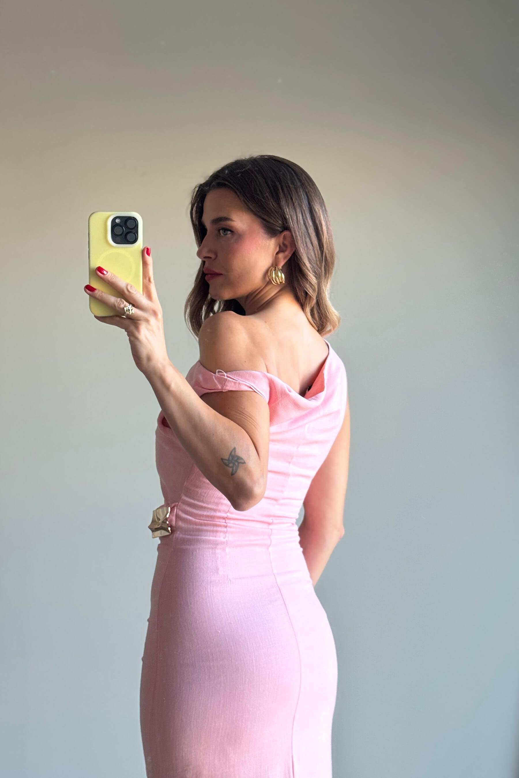 Toz Pembe Beli Tokalı Astarlı Yırtmaçlı Keten Elbise