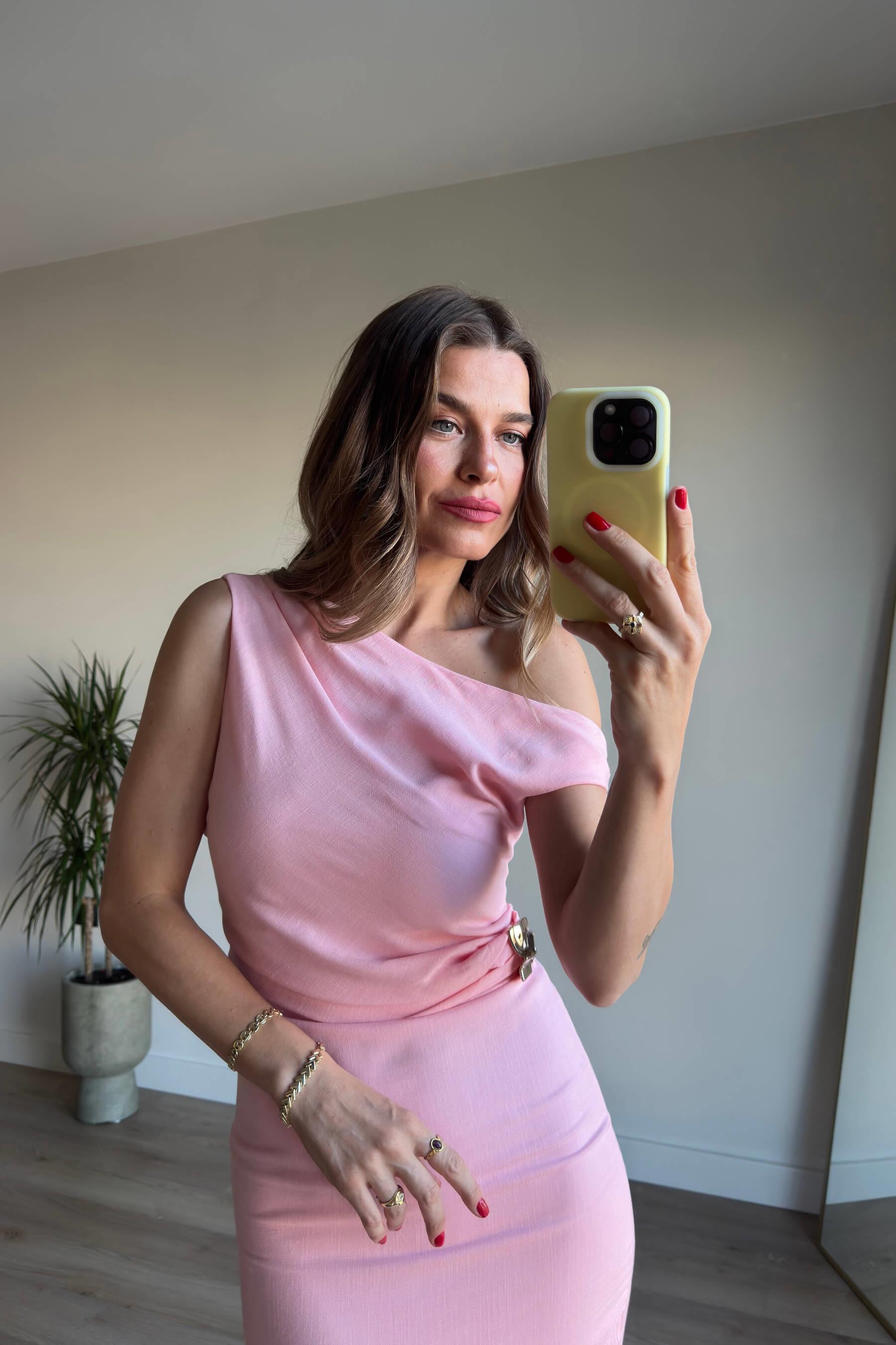 Toz Pembe Beli Tokalı Astarlı Yırtmaçlı Keten Elbise