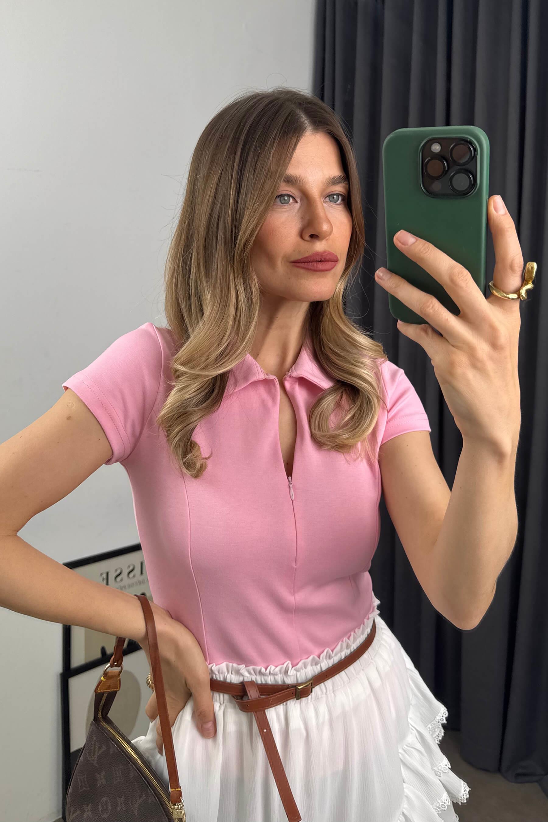 Toz Pembe Gömlek Yaka Fermuarlı Dikiş Detaylı Bluz