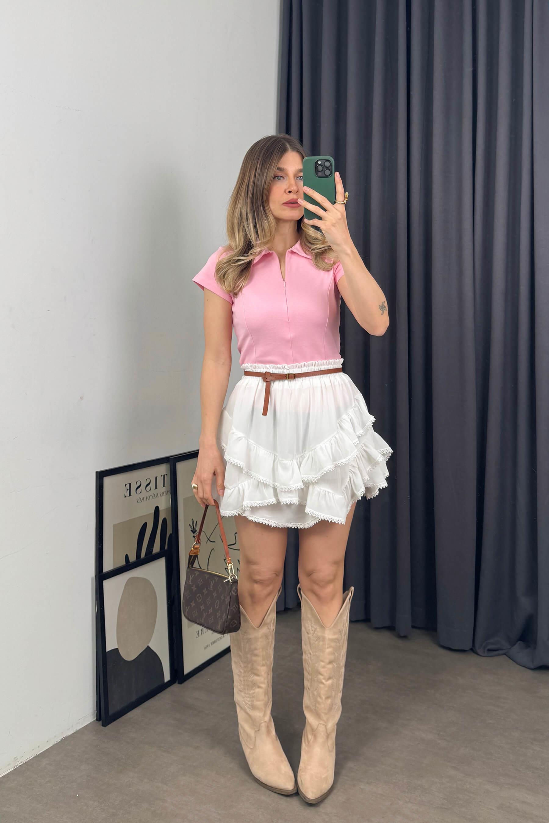 Toz Pembe Gömlek Yaka Fermuarlı Dikiş Detaylı Bluz