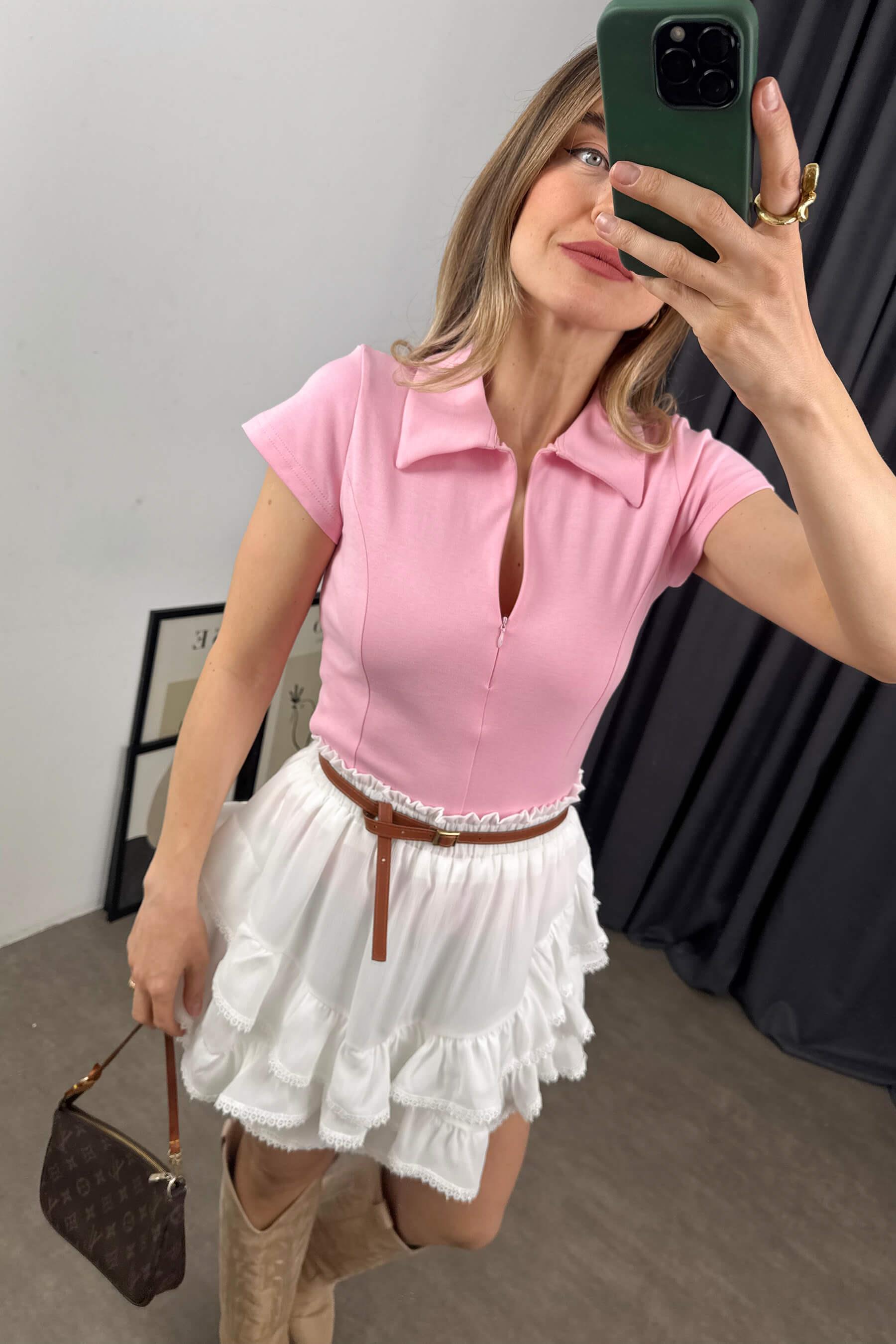 Toz Pembe Gömlek Yaka Fermuarlı Dikiş Detaylı Bluz