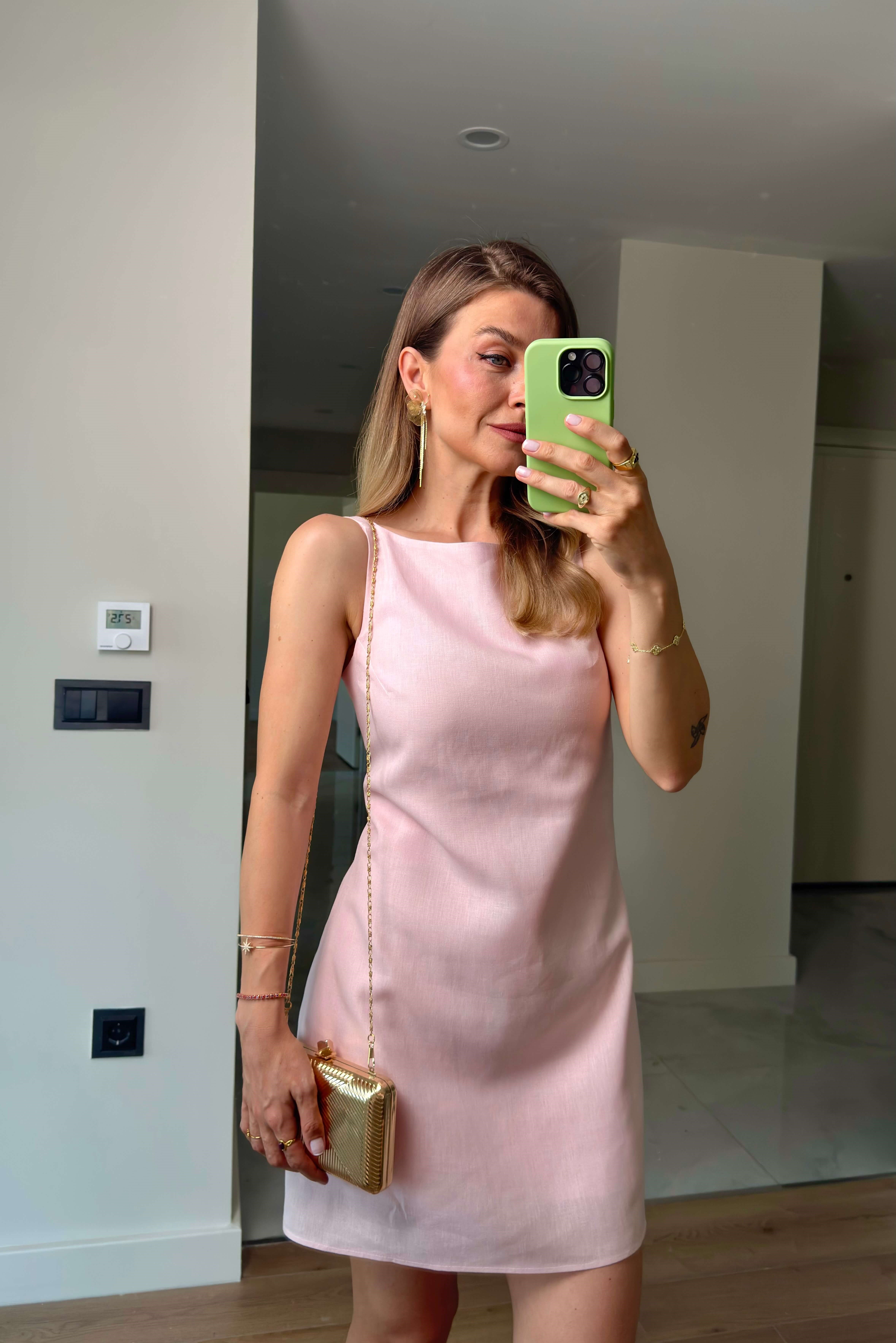 Toz Pembe Kare Yaka Askılı Astarlı Premium Keten Dokulu Elbise