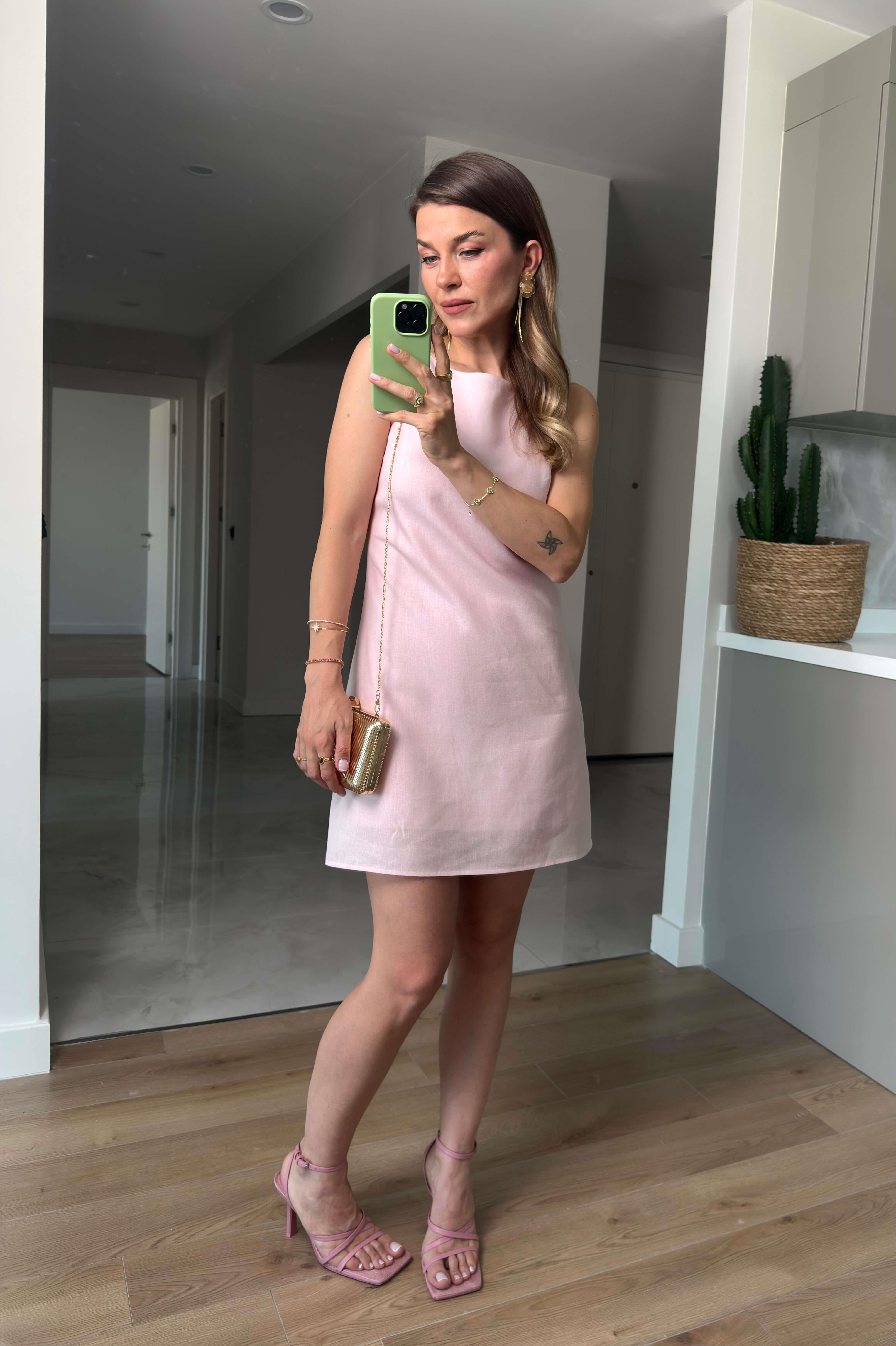 Toz Pembe Kare Yaka Askılı Astarlı Premium Keten Elbise