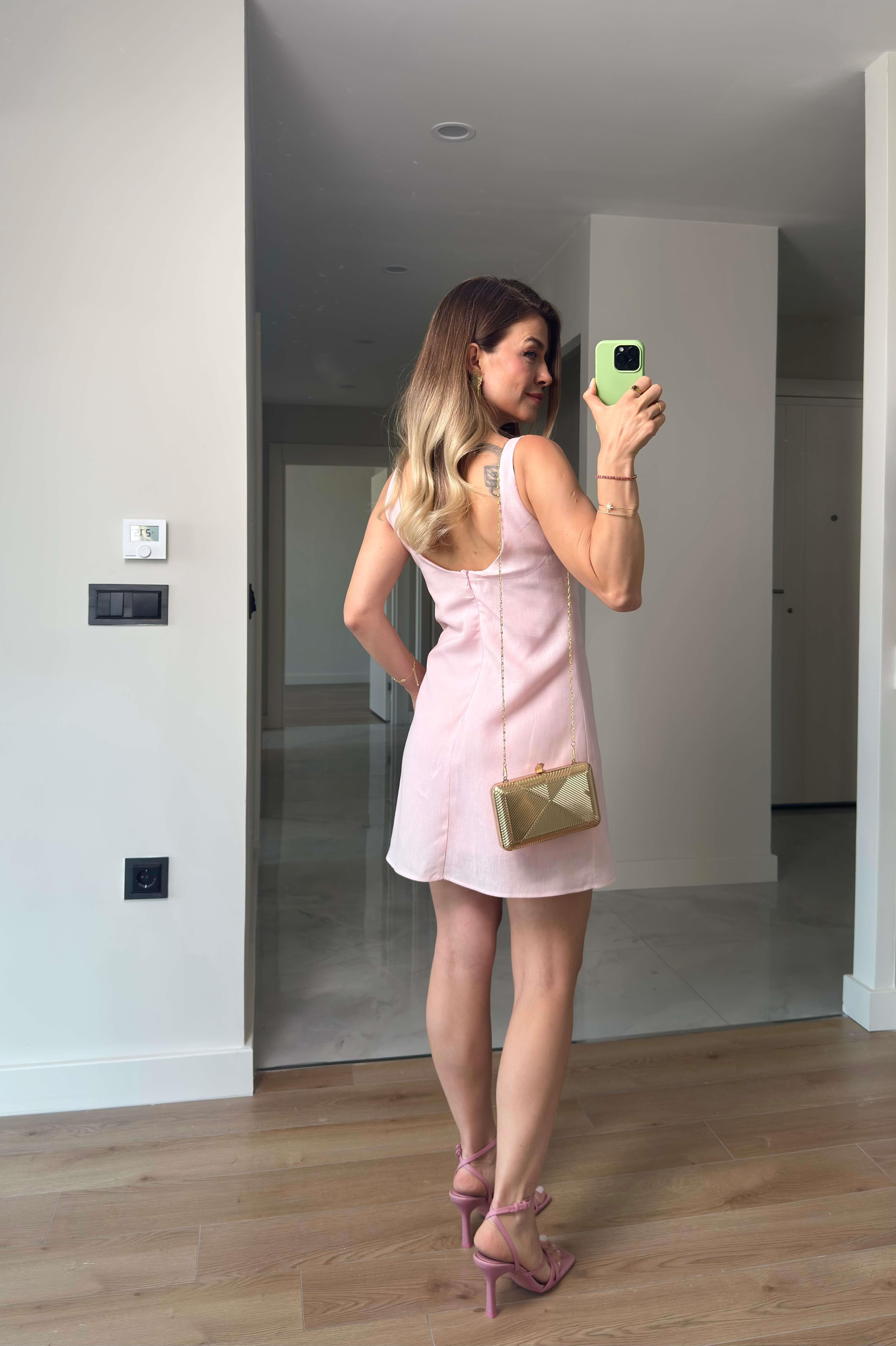 Toz Pembe Kare Yaka Askılı Astarlı Premium Keten Elbise