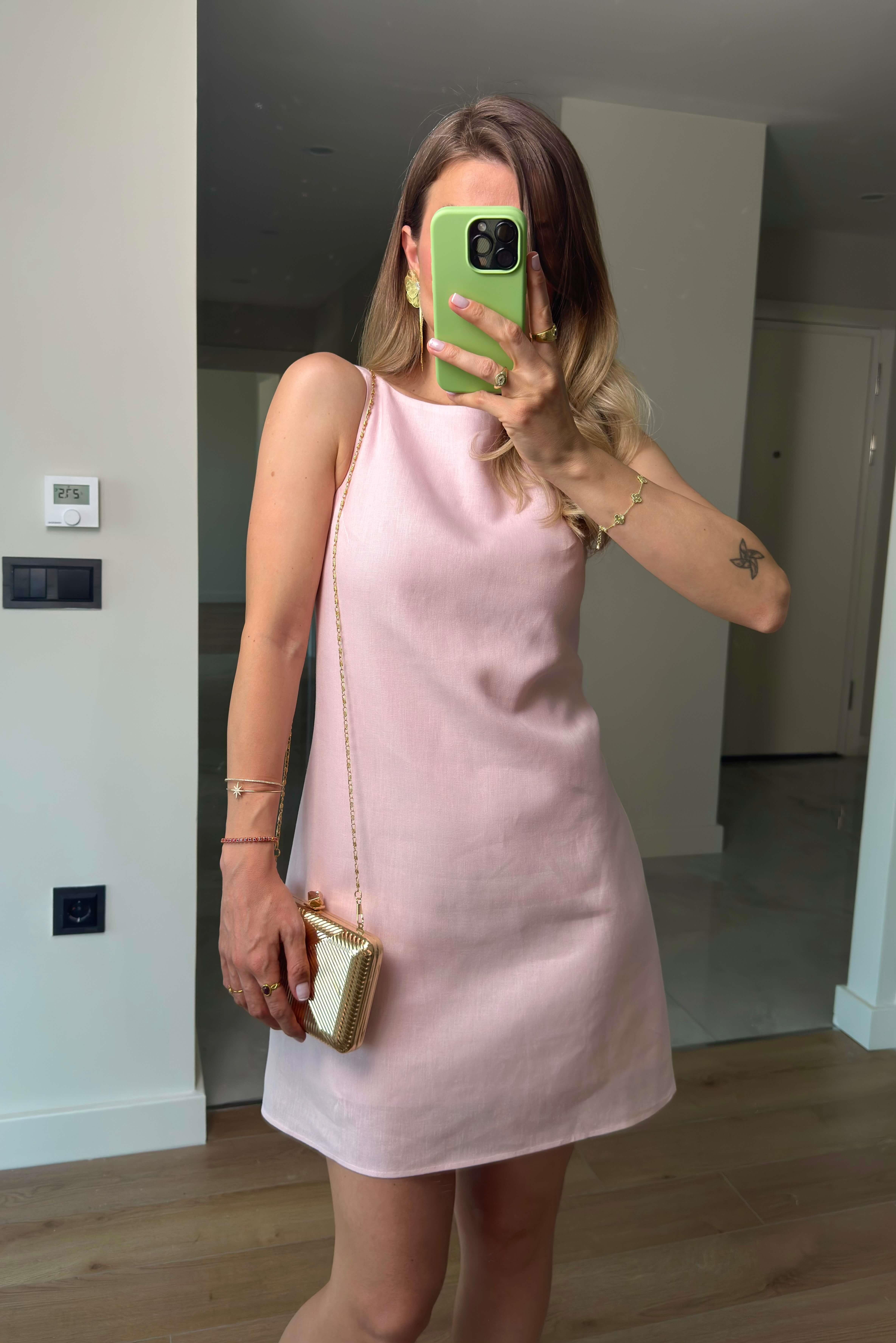 Toz Pembe Kare Yaka Askılı Astarlı Premium Keten Elbise